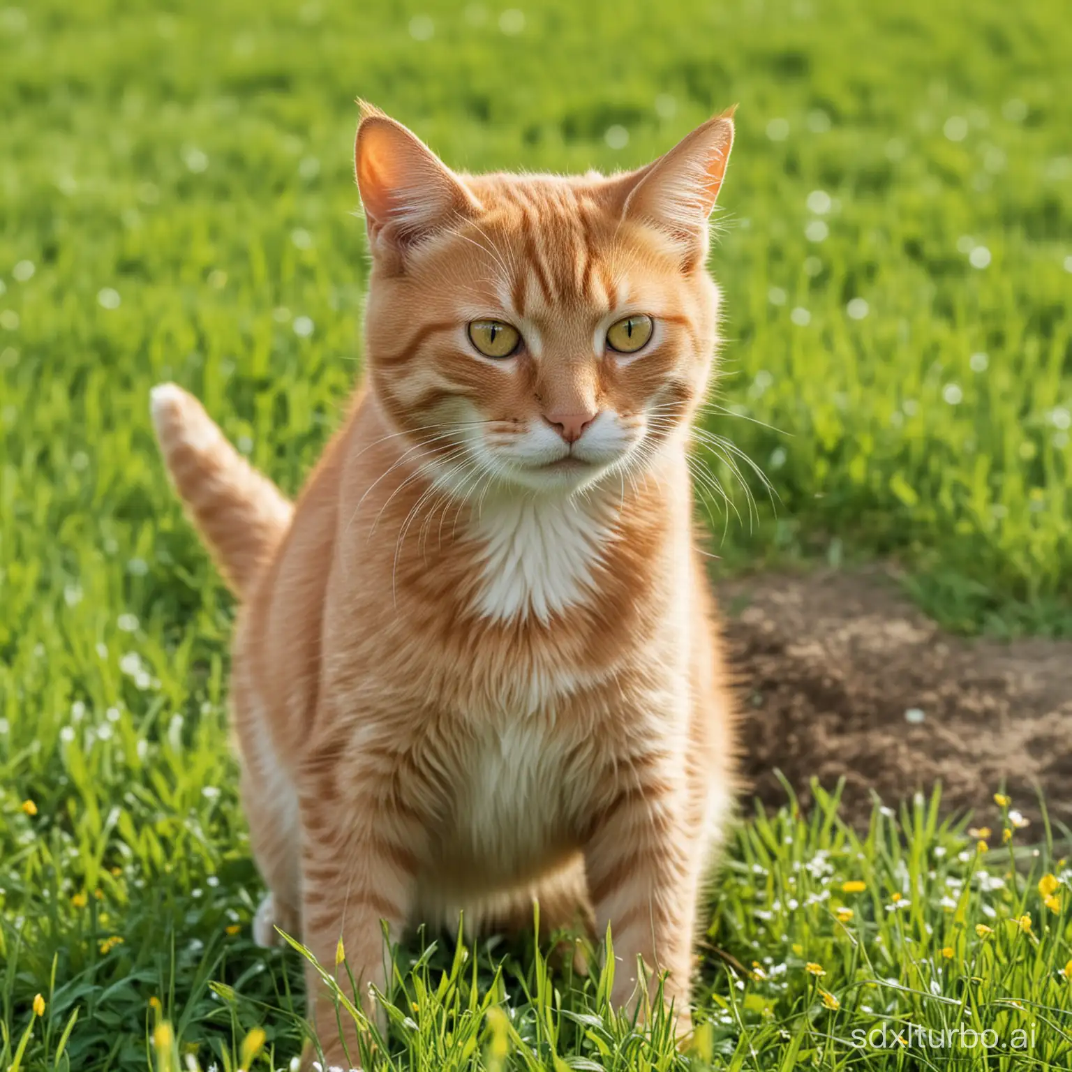 a cute ginger cat playing in the green field