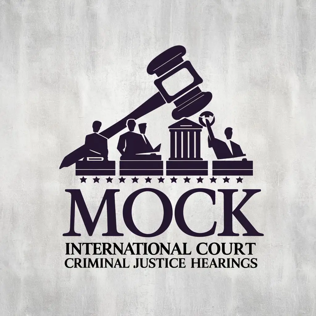 logo, judges, lawyers, gavel, law related, with the text "mock international court criminal justice hearings", typography, be used in Legal industry