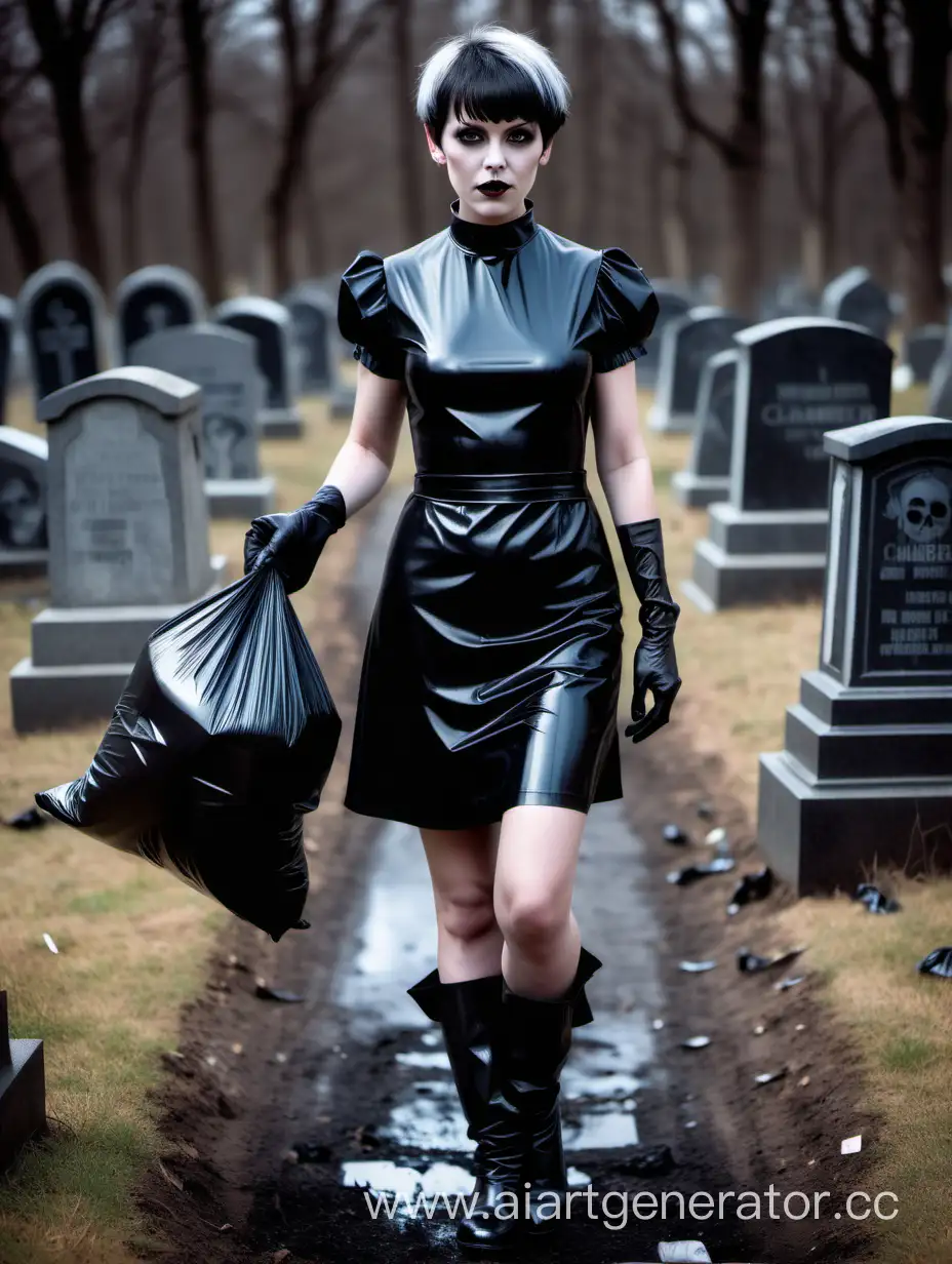 Gothic-Chambermaid-in-Black-Latex-Dress-Walking-through-Cemetery