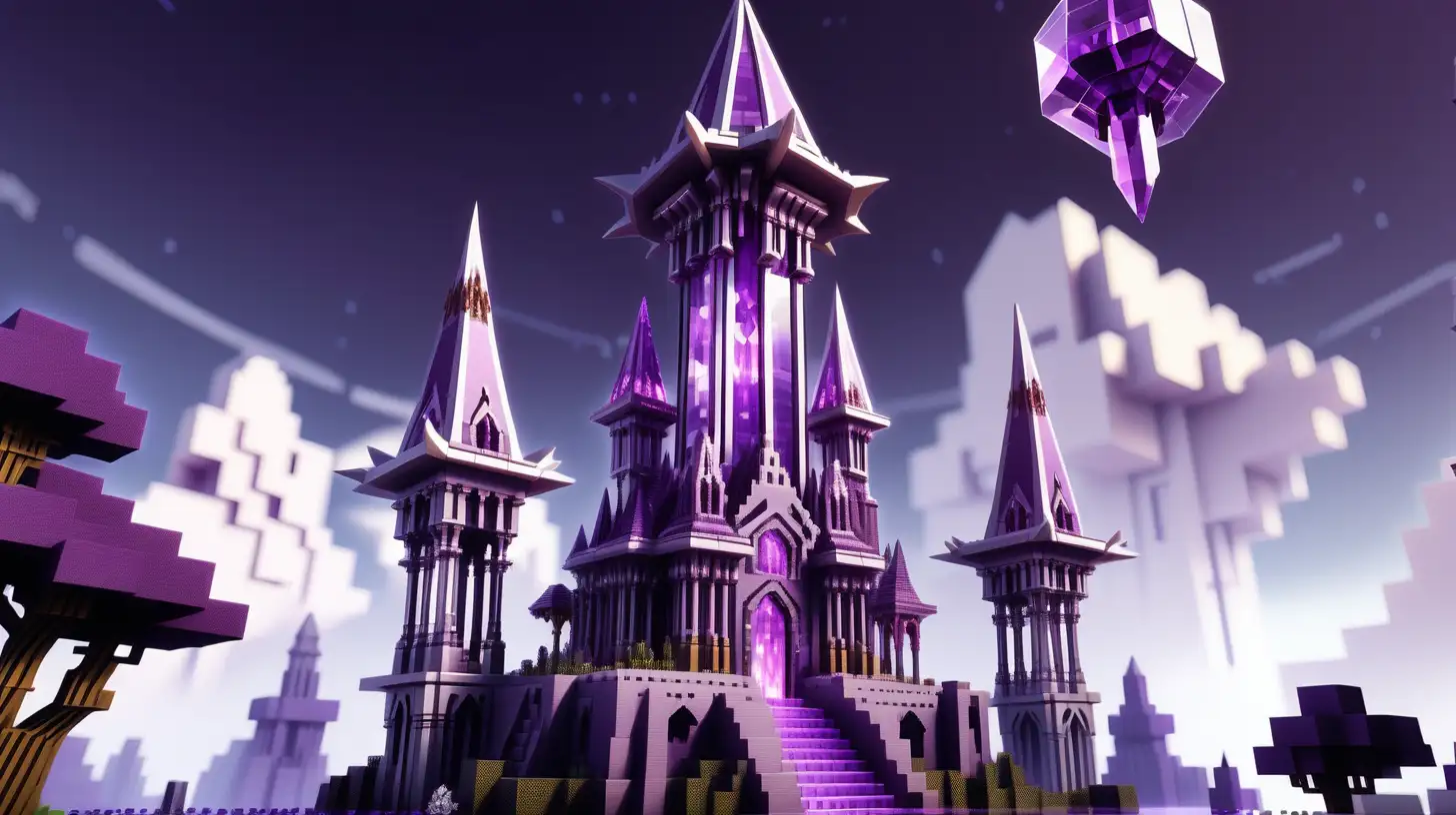 A minecraft style epic wizard tower, it has a beautiful grand design with a central tower made of crystal with a purple spire roof, it has 3 smaller towers hovering in the air around it. It is radiating energy from crystals around it