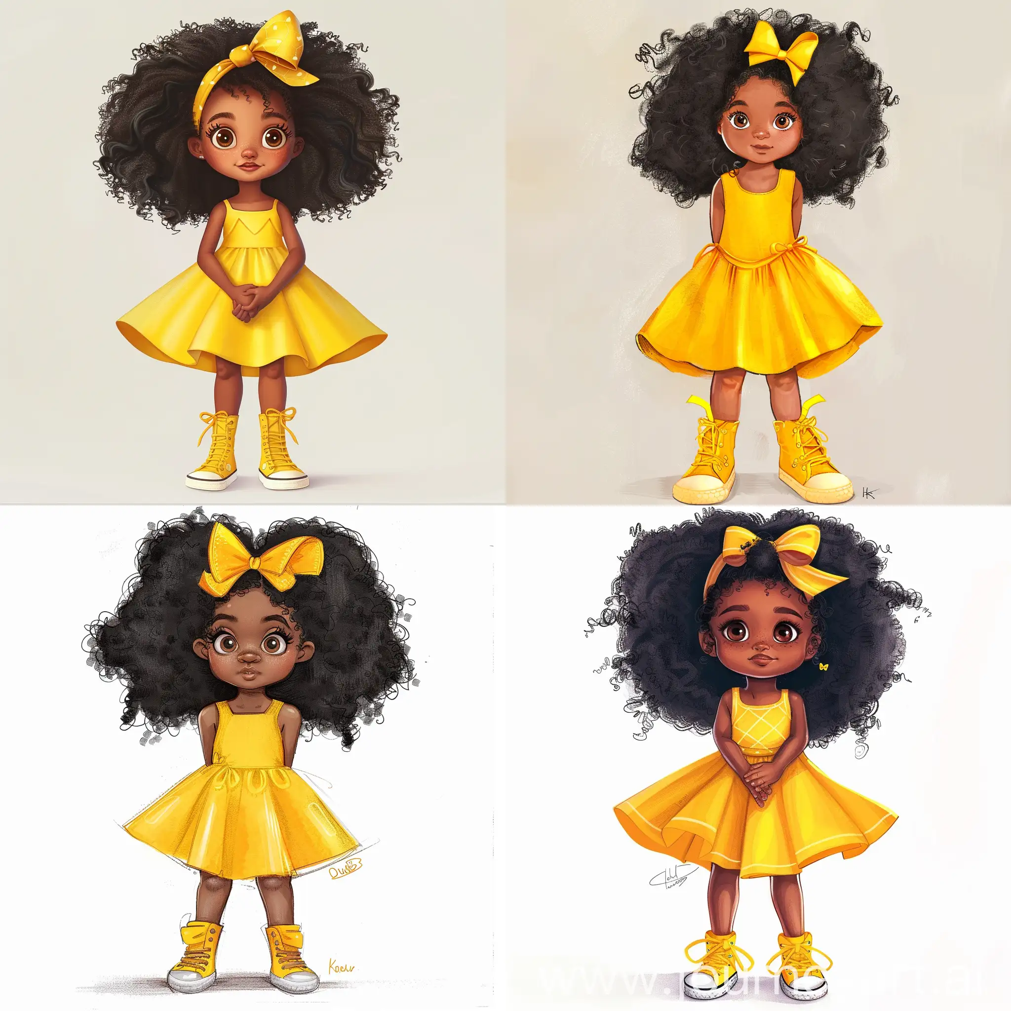  standing full body, 7 year old black girl with big beautiful black curly afro hair,sleeveless sunnyYellow dress,Yellow high top shoes,Yellow Hair bow and Brown Eyes,children's book illustration