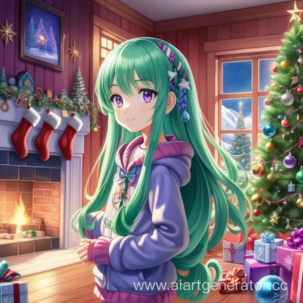 Anime girl, with long green hair, sparkling purple eyes, in a house at the polar pole, a window in the background, a lighted fireplace on the left side, a Christmas tree on the right side with a lot of Christmas toys, garlands on the walls of the house.