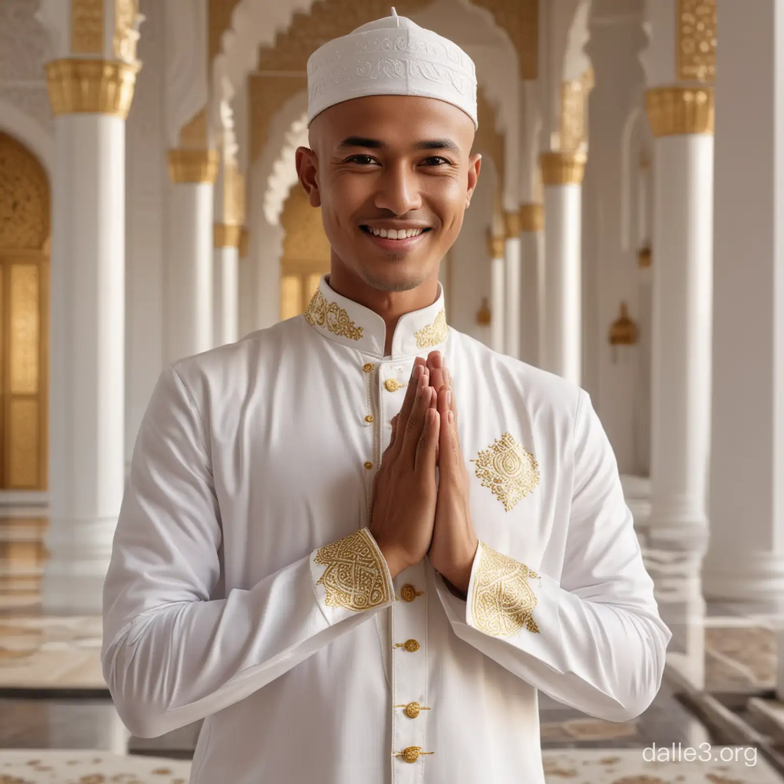 Prompt  Photo of handsome bald Indonesian man facing the camera, wearing white Muslim clothes with gold motifs, hands in namaste position, smiling, in the right corner, cool aesthetic and minimalist mosque background, on the left Full HD resolution