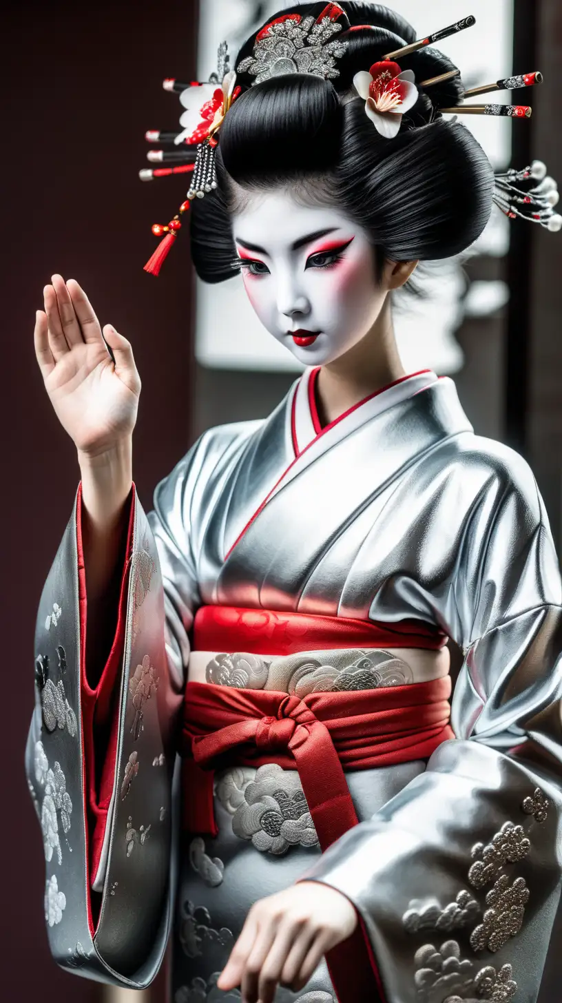 Geisha Girl in Silver Traditional Chinese Attire Gesturing