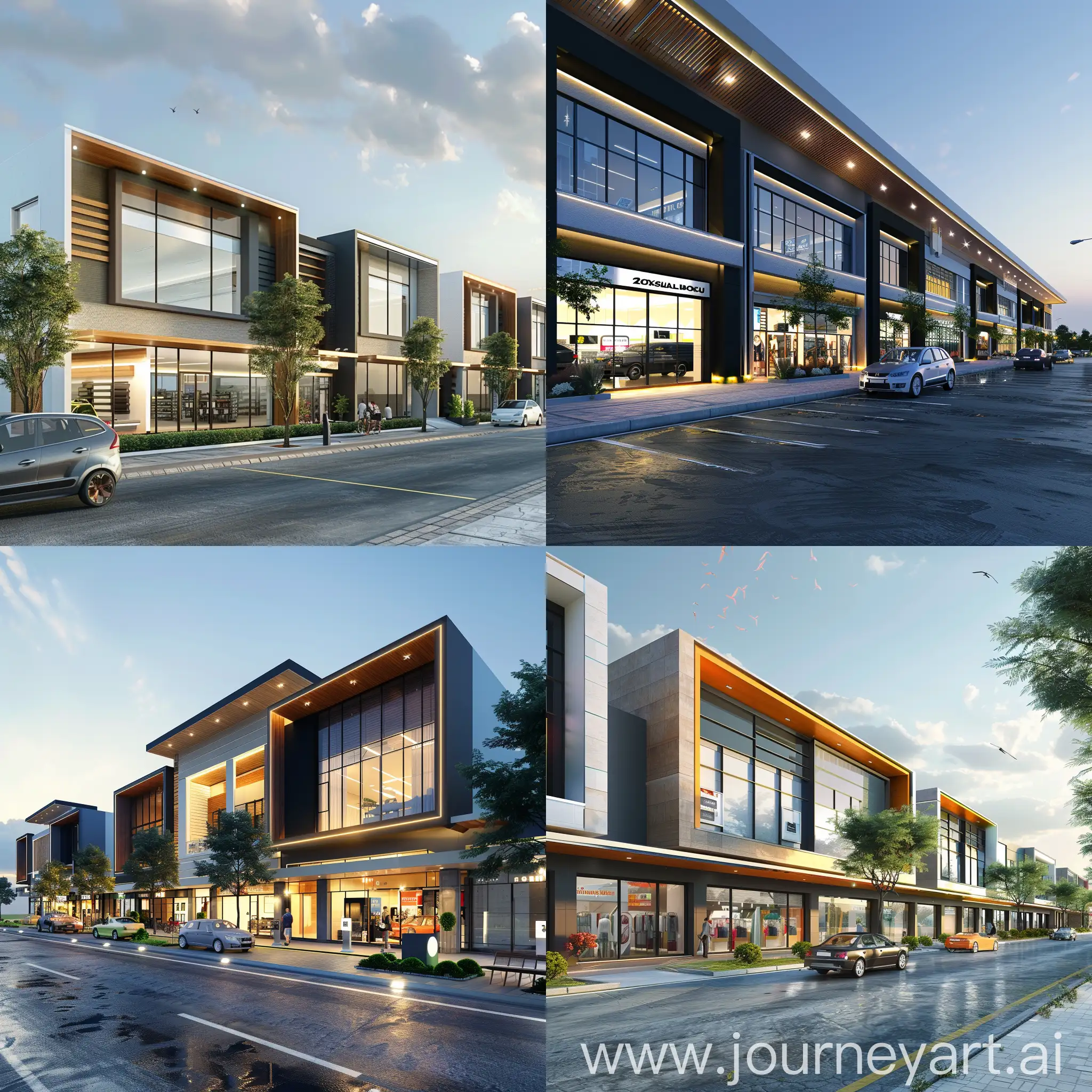 120sqm of 3d render of modern strip plaza mall with commercial units at ground floor and medical and adminstration units at first floor, 4k