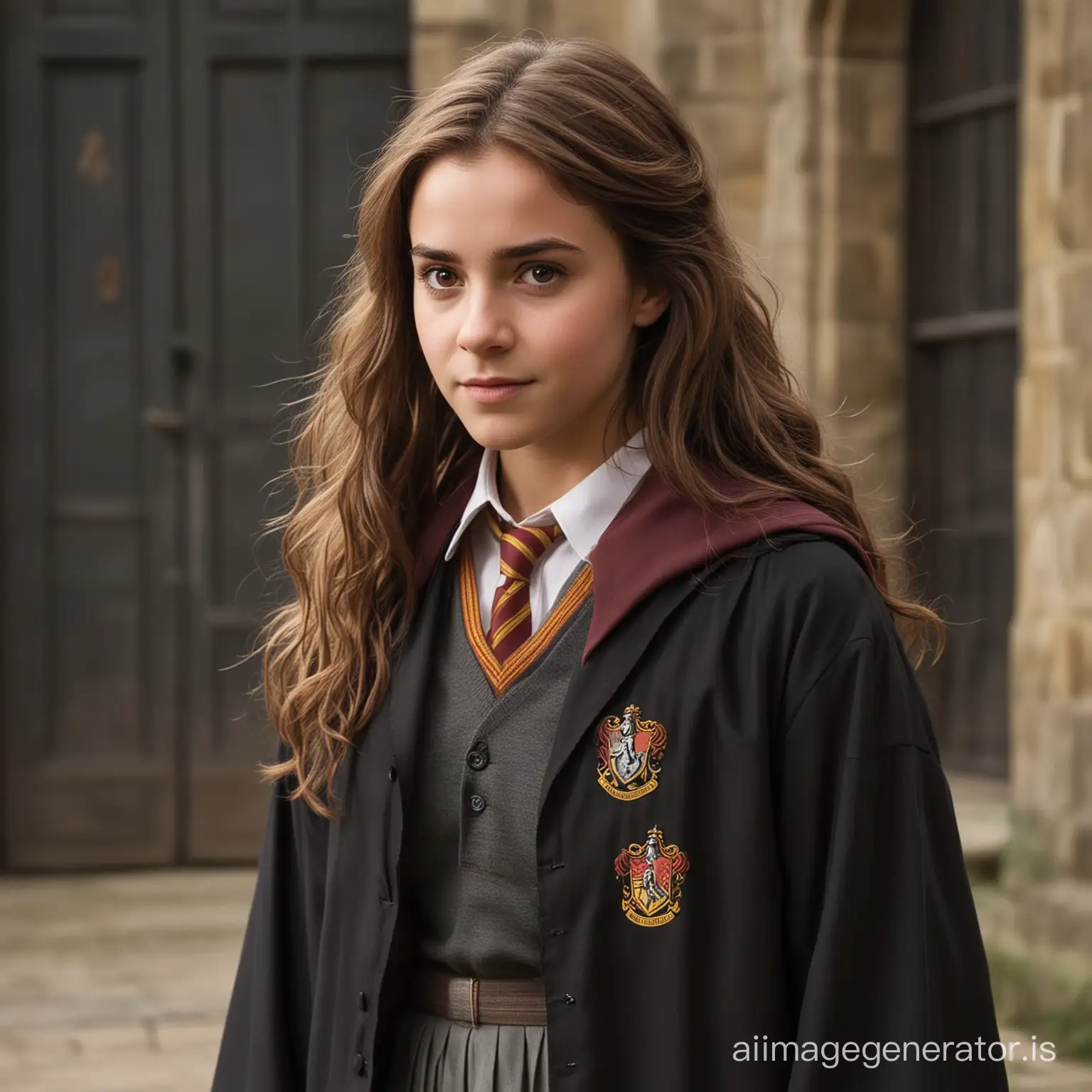 Hermione Granger, one of Harry Potter's closest friends, is depicted as a young witch with bushy brown hair, usually tied back in a practical manner. Her face is framed by a pair of large, intelligent brown eyes that often convey her sharp wit and quick intellect. Hermione's appearance is often described as neat and tidy, reflecting her meticulous nature and studious demeanor.

In terms of attire, Hermione is typically seen wearing the standard Hogwarts school uniform, consisting of a black robe with the school crest, a white collared shirt, a tie in her house colors (Gryffindor, in her case), and a pleated skirt. However, her clothing choices also reflect her practicality and no-nonsense approach to life. She often opts for comfortable and functional clothing, preferring simplicity over extravagance.

Beyond her appearance, Hermione is characterized by her brilliant mind, fierce loyalty, and unwavering determination. She is known for her dedication to her studies and her willingness to stand up for what she believes is right, even in the face of adversity. Hermione's character embodies the values of courage, intelligence, and compassion, making her a beloved and iconic figure in the world of Harry Potter.