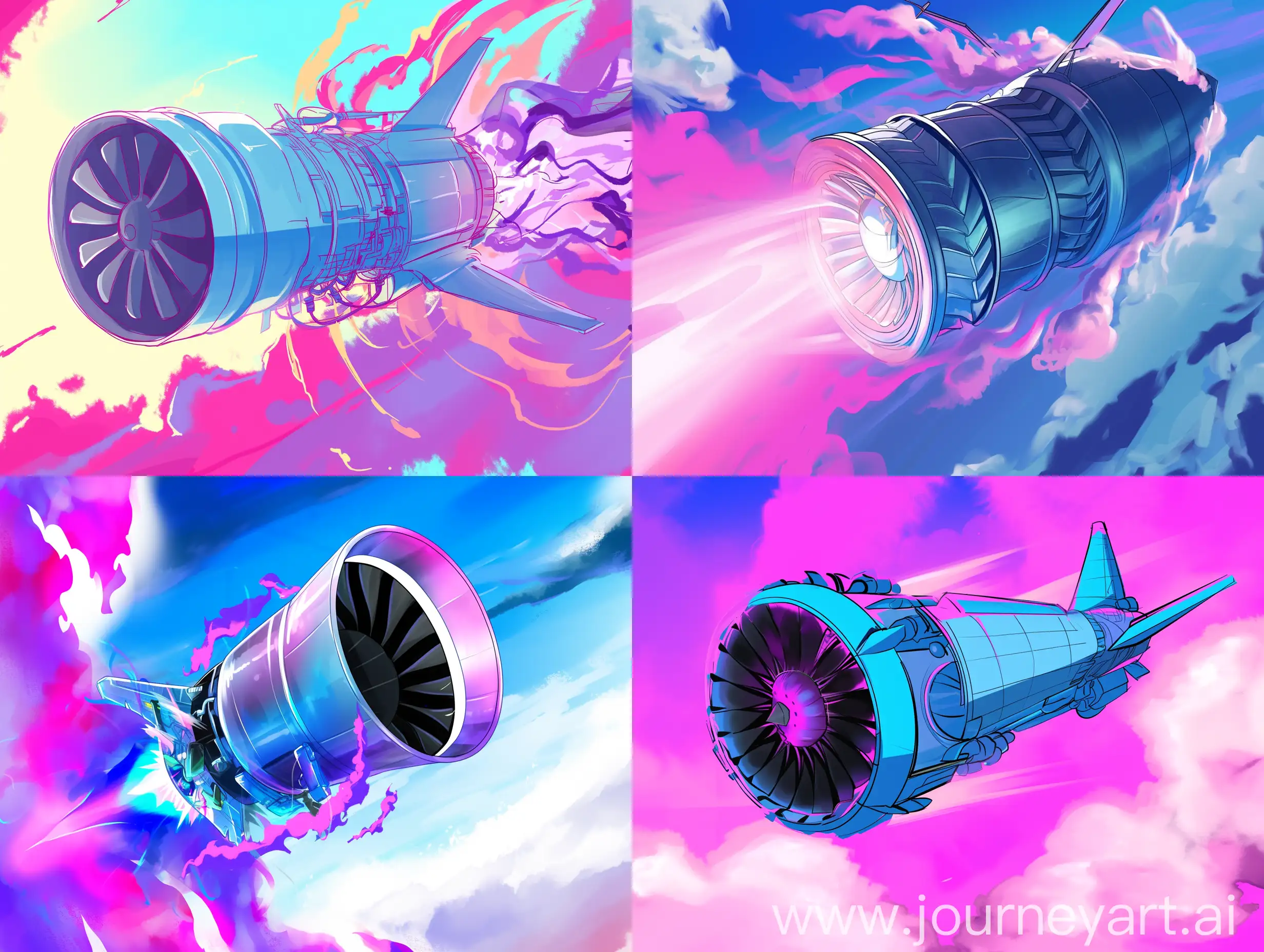 Anime drawing style for jet engine shoots strong blue, dynamic colors, refreshing, cheerful colors, expressing satisfaction in the way the anime drawing style of a jet engine fires strong blue, dynamic colors, refreshing, cheerful, pink and violet colors hovering --ar 4:3 --s 0 --style raw --niji 6 