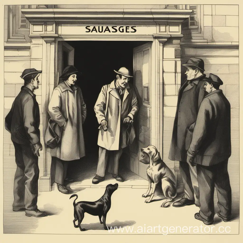 Urban-Discussion-People-at-Building-Entrance-with-Dog-and-Sausages