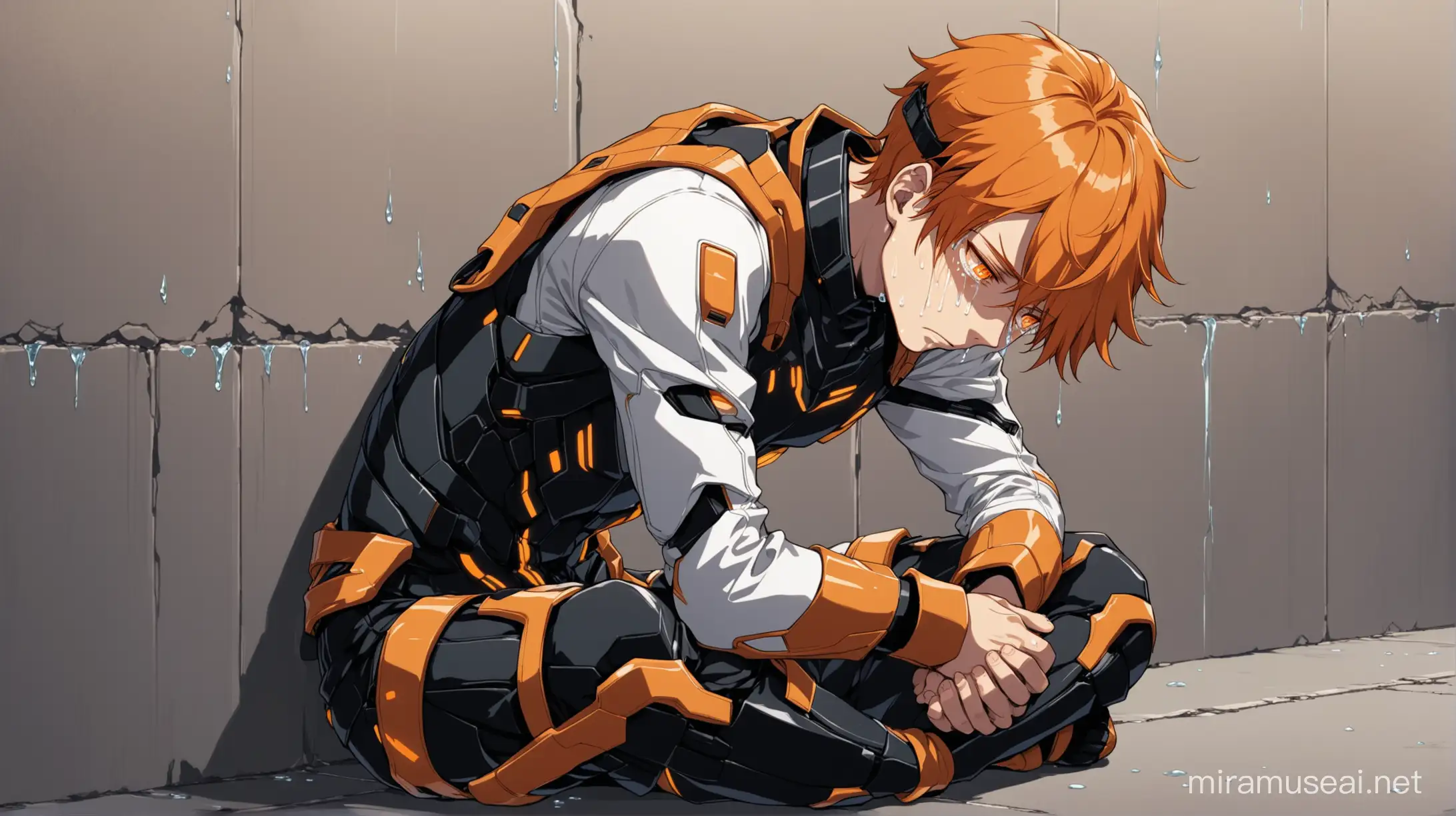 A side body image of an anime boy character who is sitting on the floor with support of a wall and his hands are tied and crying. He is handsome, orange headed, wearing futuristic clothes, orange crying eyes.