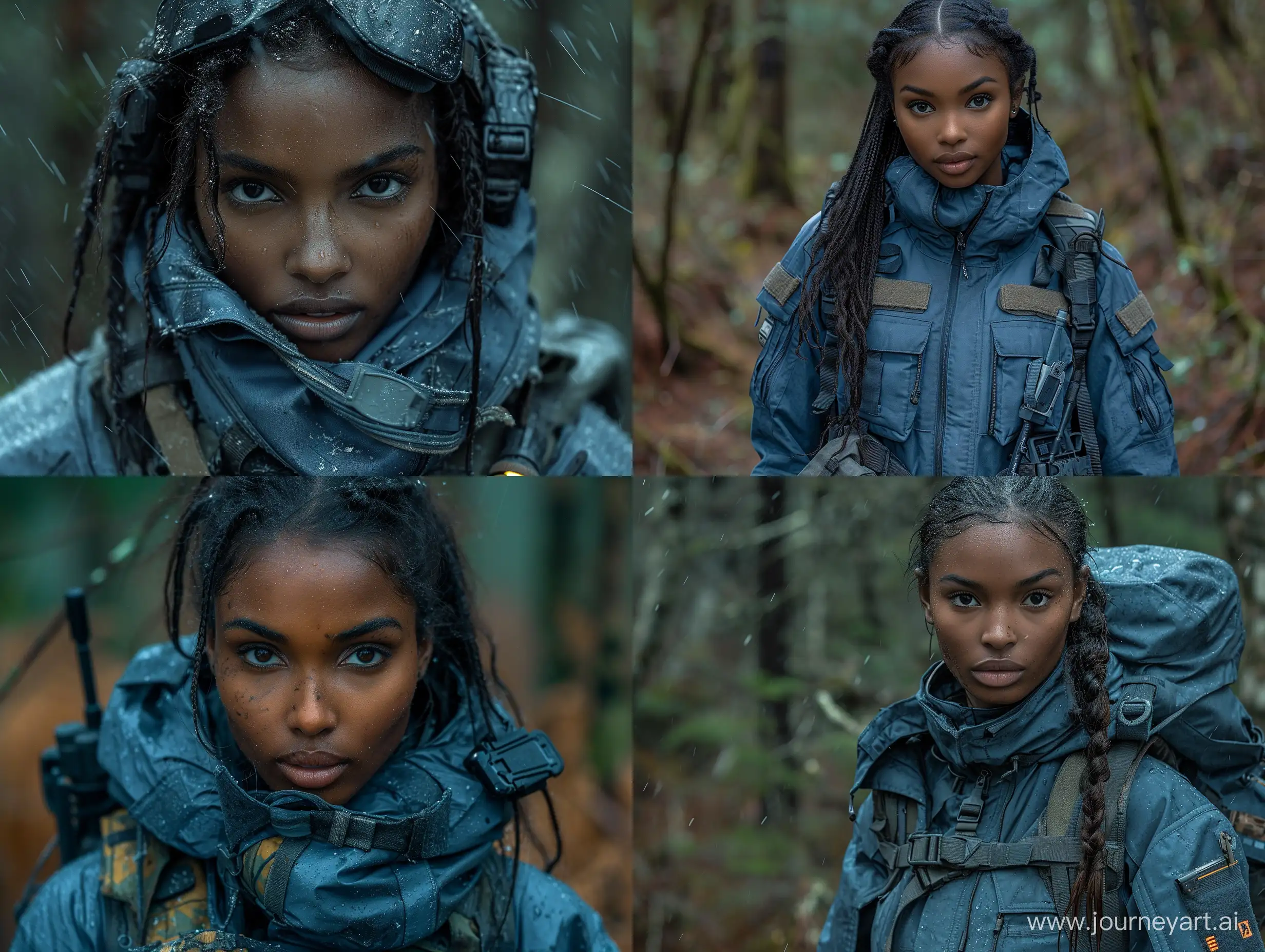 Beautiful dark skin female mercenary S.T.A.L.K.E.R blue tactical equipment dead trees dark forest  --s 999  --style raw --v 6