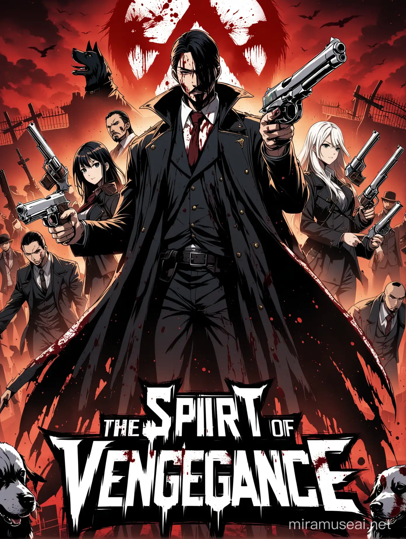 A poster for a mystery and crime anime series titled The Spirit of Vengeance. In the background of the poster is blood, white weapons, pistols, graves, and dogs.