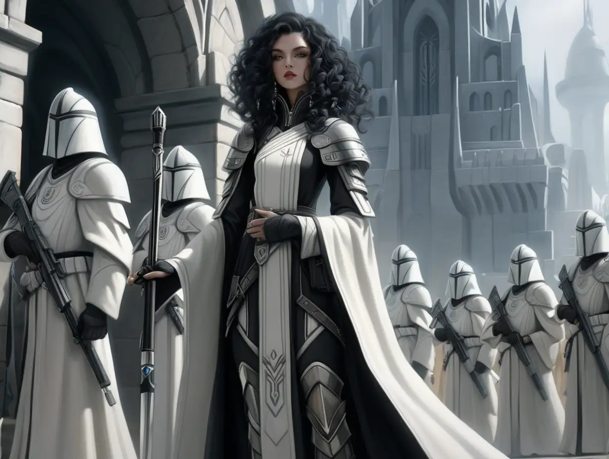 Dreaming city, beautiful, royal attire black curly hair, pale skin, grey eyes, dreaming city, white and grey, jedi robes, female, black make up, black mascara and lipstick, 6 royal guards protecting her, proper look on her face, robes, wideshot, standing around her is the elite guard