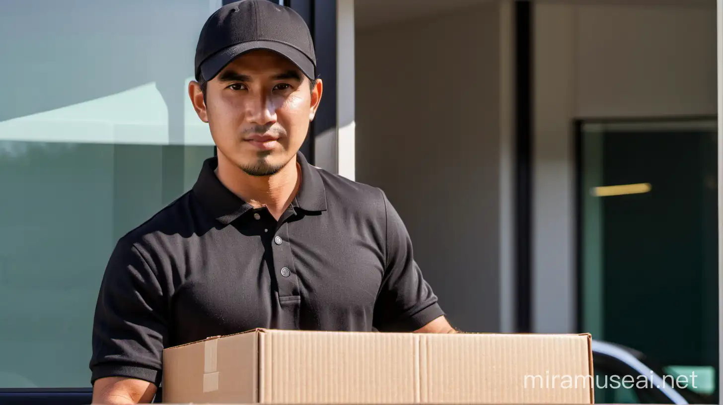 Delivery Driver in Black Polo Shirt Driving Delivery Vehicle