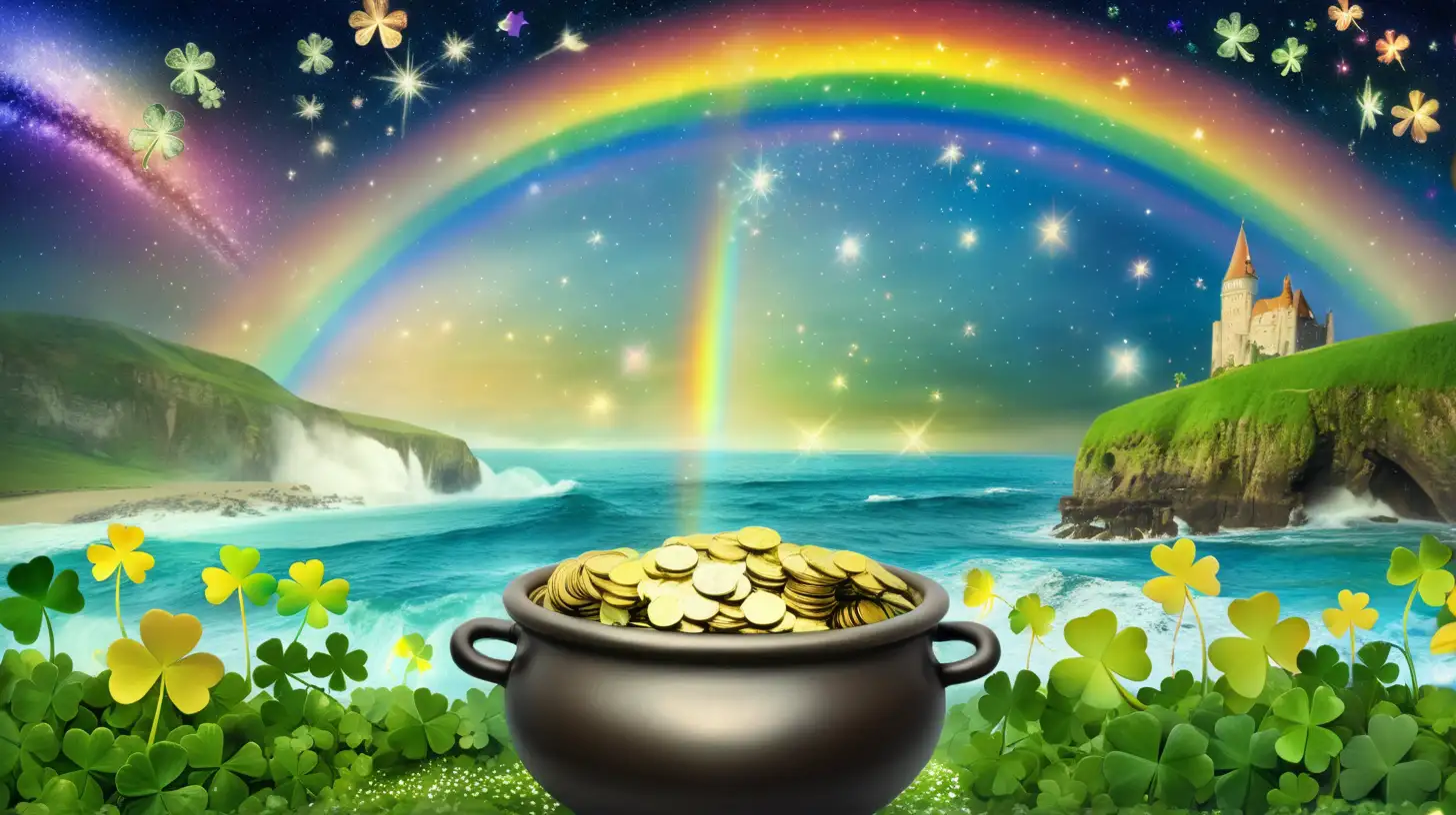 Fairytale-magical and a pot of gold coins with a rainbow and stars and galaxy of shamrocks and ocean