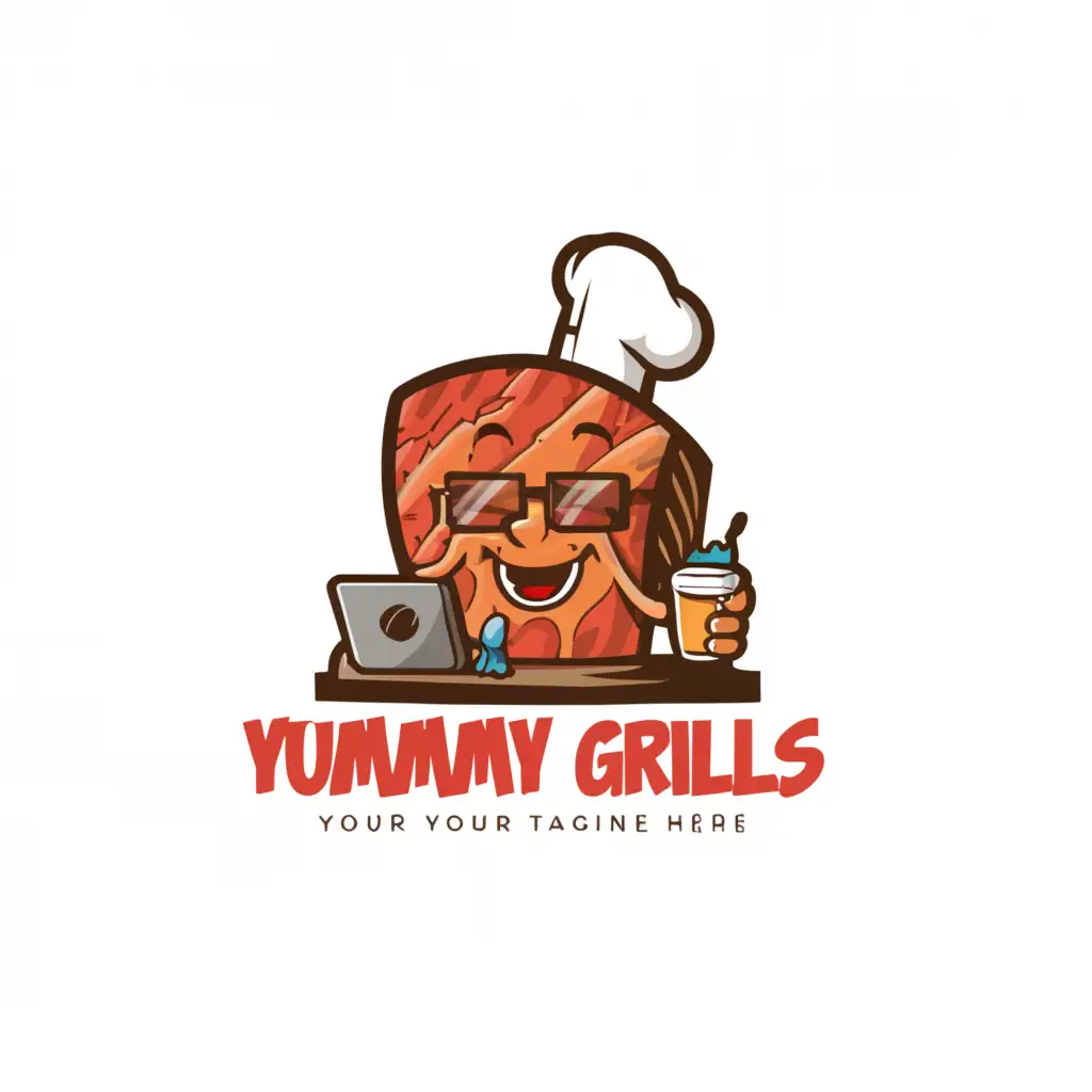 a logo design,with the text 'Yummy grills', main symbol:steak with a laptop, cook hat,Moderate,be used in Technology,clear background