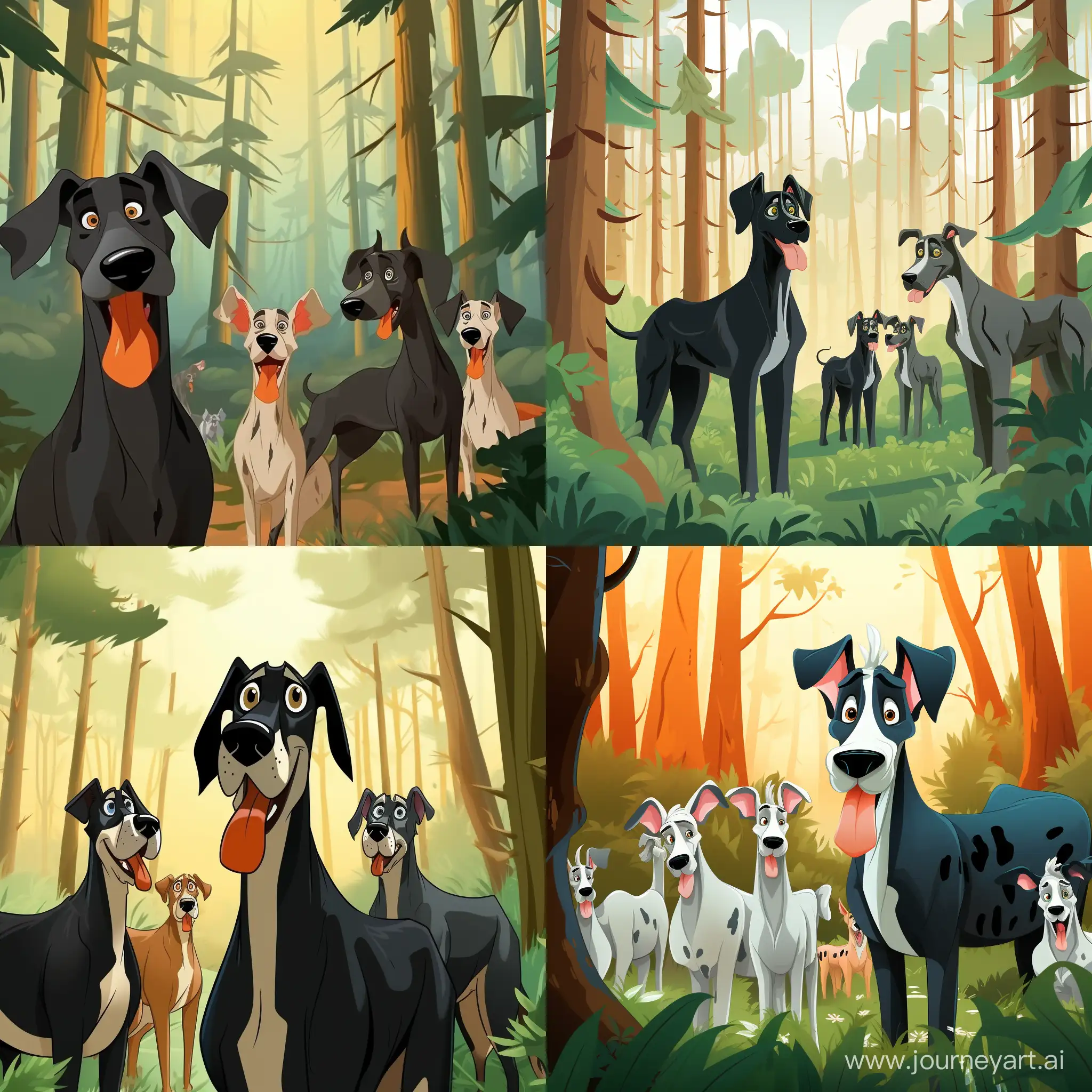 Group of great danes with erect ears playing. Animated cartoon. Forest background