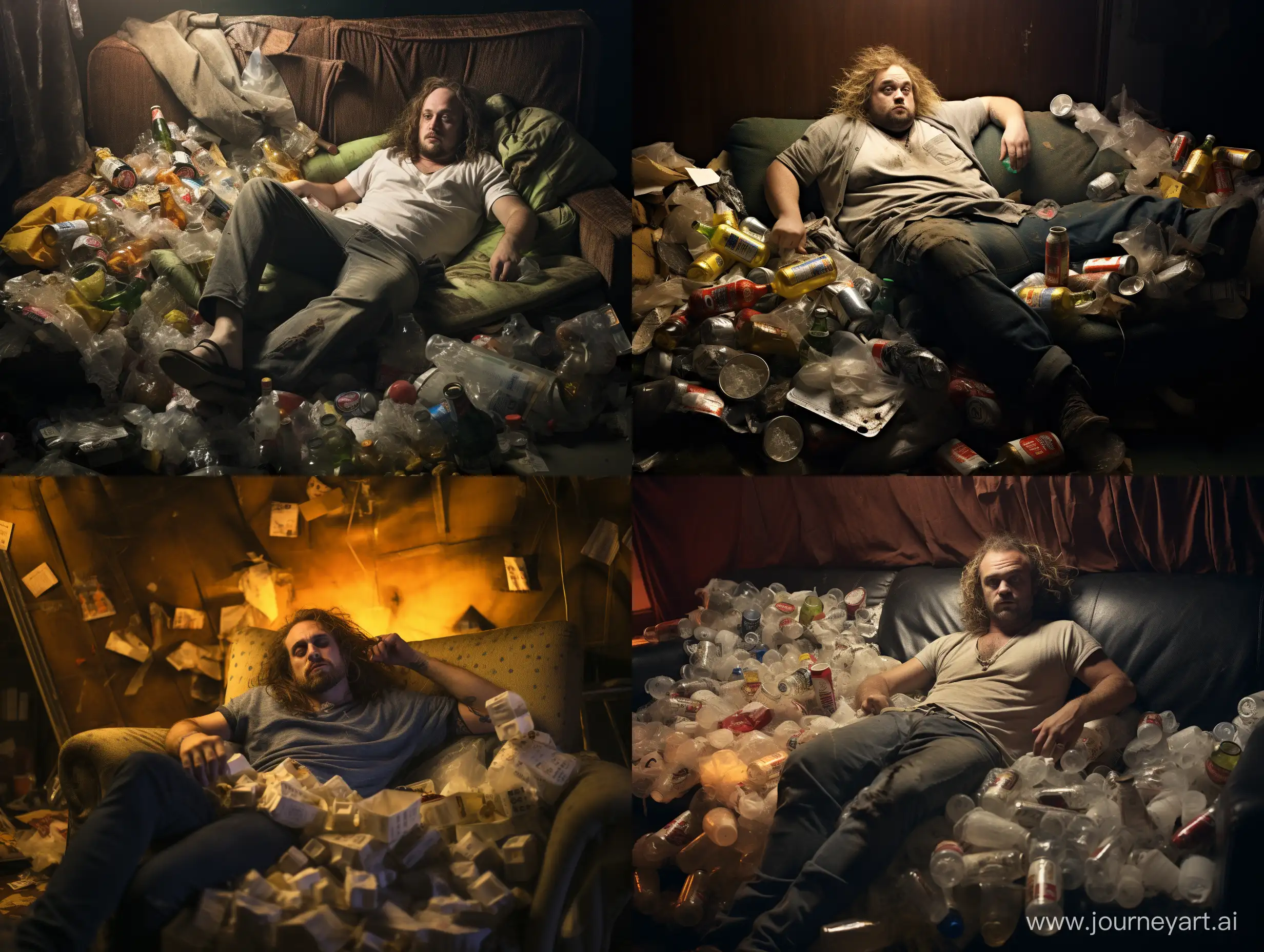 A full man sitting on a dirty couch
with a bottle in his hand. The room
is very dirty and there is garbage,
cigarette butts and food and pizza
wrappers everywhere. The room
is dimly lit. The image is
depressing, cold. Photographed
on a kodak.