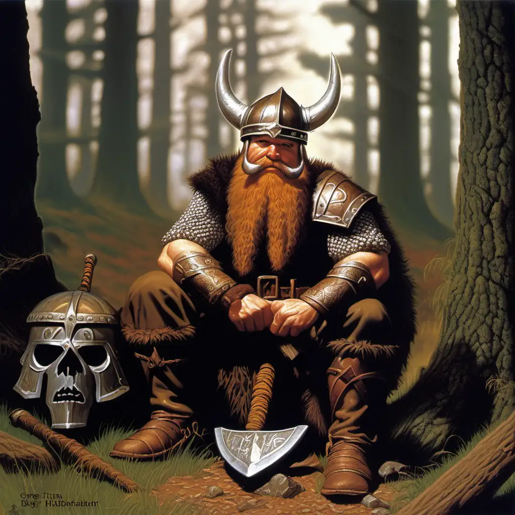 dwarf warrior, horned Viking helmet, brown hair, split beard, beard beads, beard bands, sitting down, axe on the ground, forest, day, MTG card, Greg Tim Hildebrandt