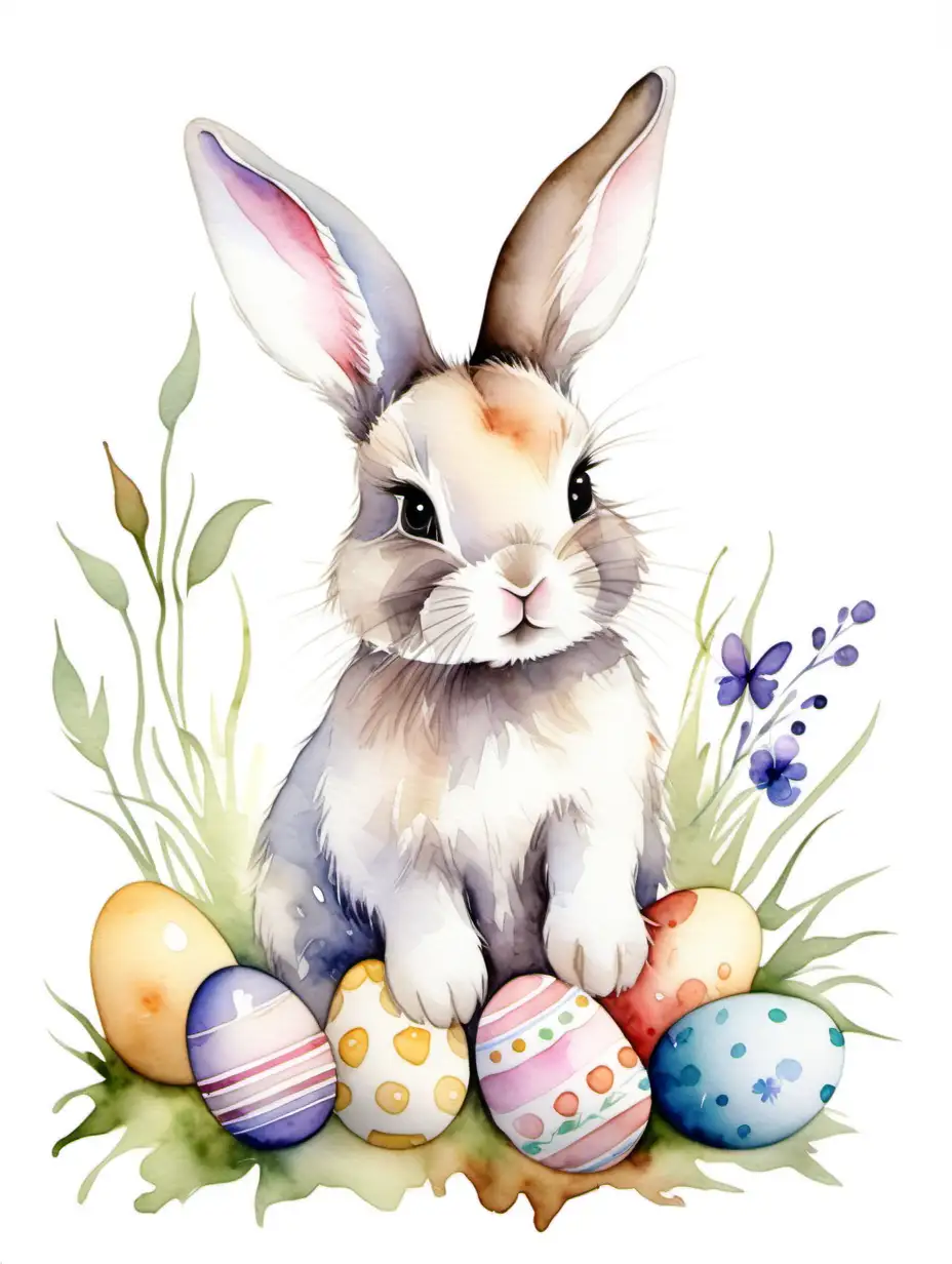 Adorable Watercolor Easter Bunny on White Background