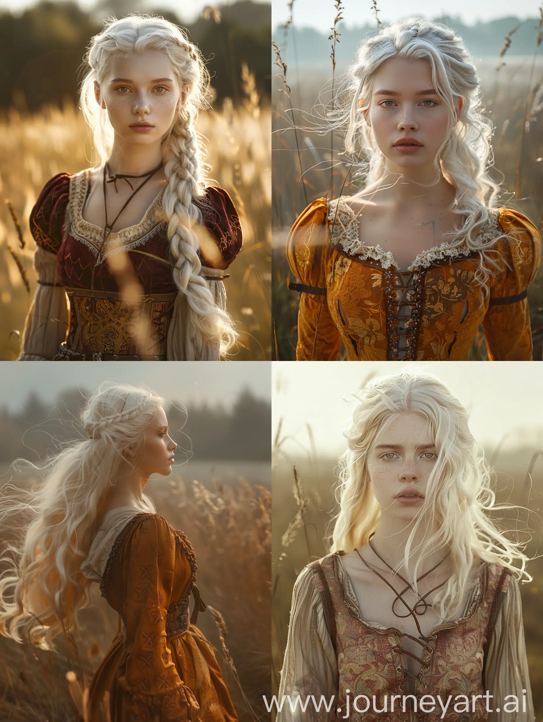 Девушка блондинка в средневековом платье, прическа белые волосы, красивая сельскохозяйственная земля, 8k, дымка, ультрадетализация, пленочная фотография, рассеяние света, тенденции на артстанции, резкий фокус, высокая детализация