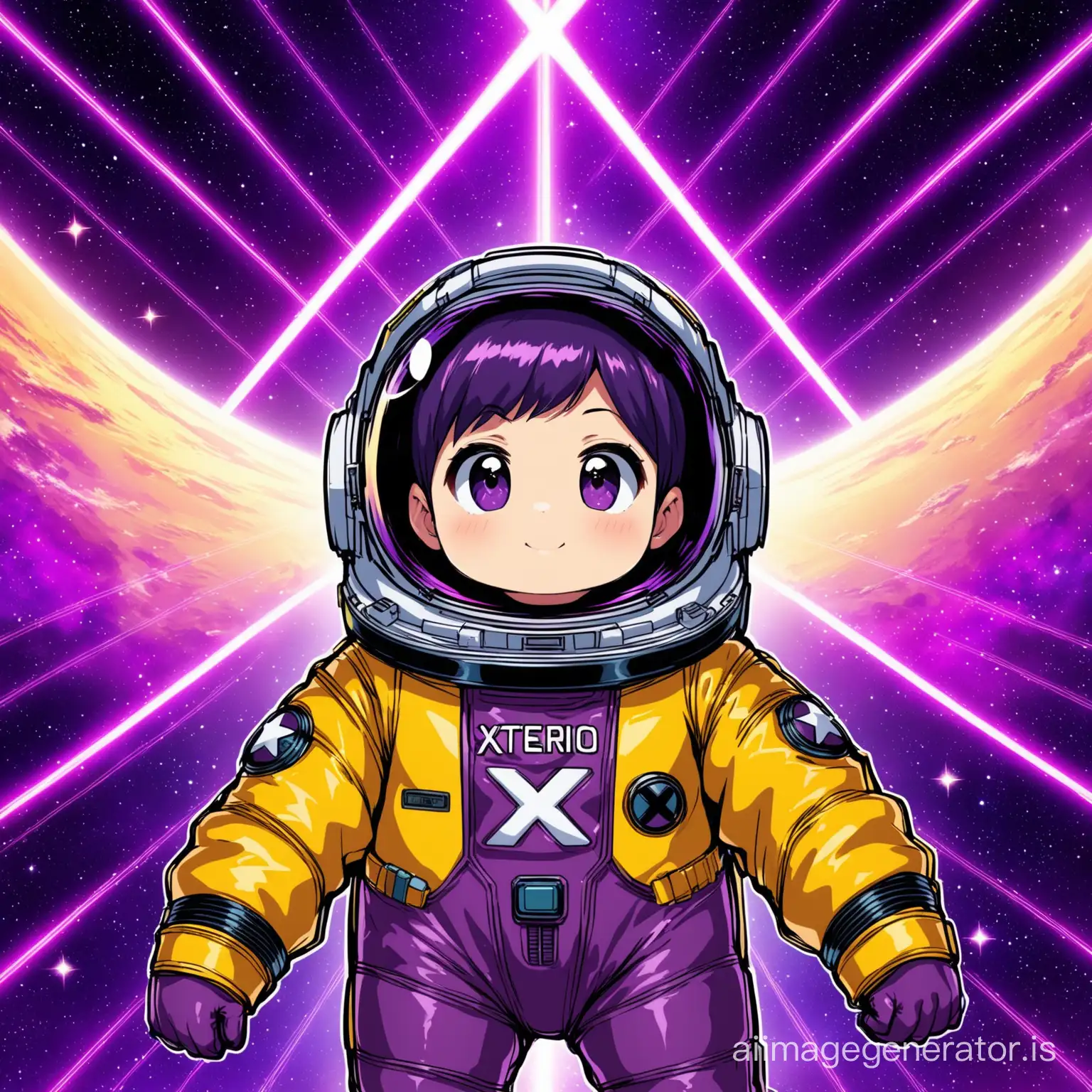 I see a purple space with stars
A "xterio" text in background
Also cute xmen with Spacesuit 
Details are very high quality 