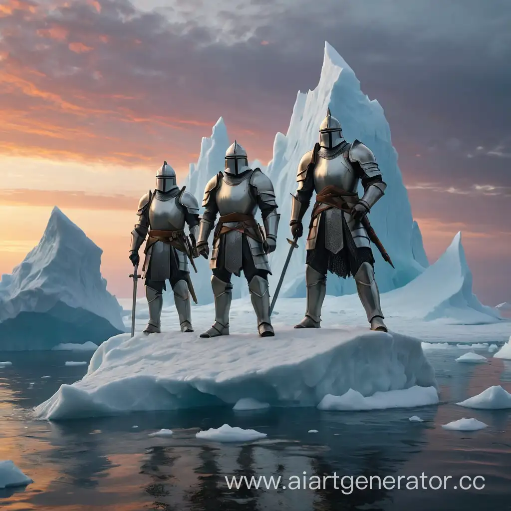 Три рыцаря в доспехах стоят на тонущей льдине на фоне рассвета
