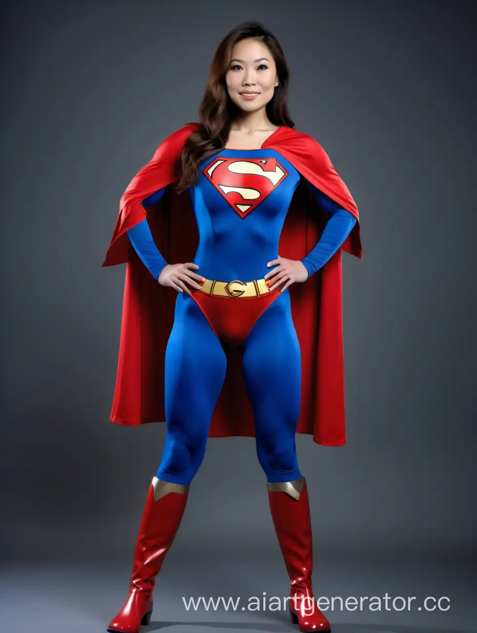 A gorgeous Asian-American woman with brown hair. Age 30. She has enormous muscles throughout her body. Her muscles are large and overdeveloped. She is happy and powerful. She is wearing the classic Superman costume, with blue spandex leggings, long blue sleeves, red briefs, red boots, and a cape. She is posed like a superhero: strong and powerful.
