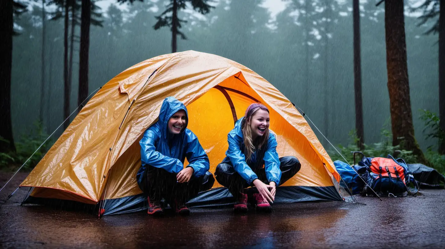 create photo of 2 campers in the rain in front of their tent
