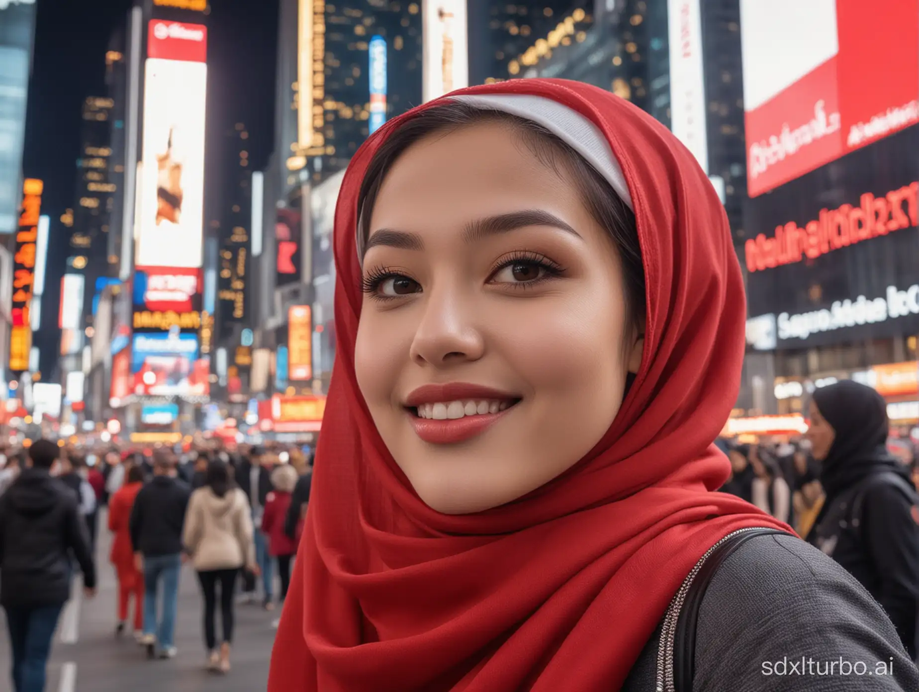 A stunning beautiful charming thailand girl in the middle of New York time square with a smile on her face coz she is wearing a red hijab, bright white skin face, thin lips