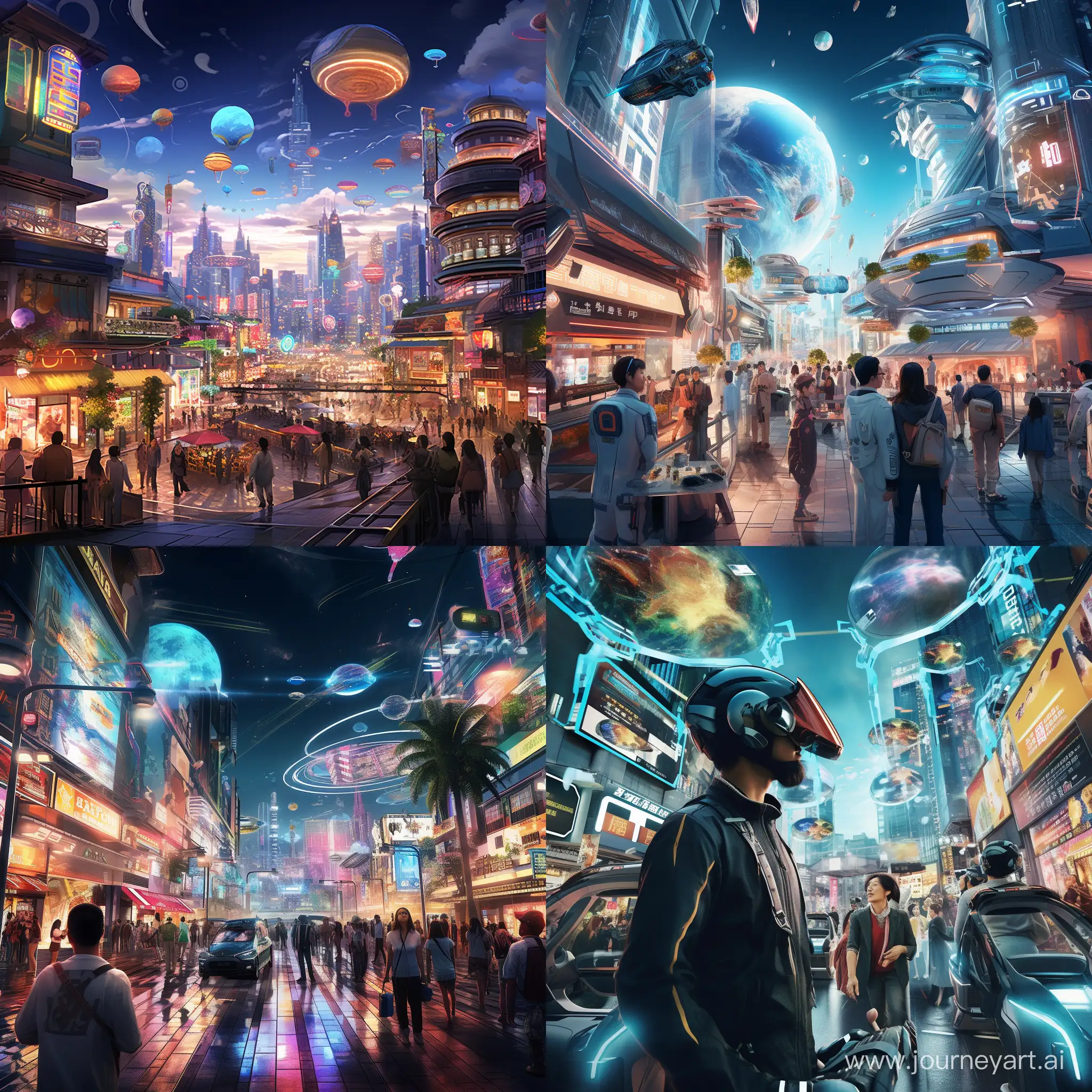 Imagine a bustling, futuristic cityscape at dusk, where the skyline is a mix of neon-lit skyscrapers and traditional pagodas. The streets are filled with a diverse crowd, some in high-tech, cyberpunk attire and others in elegant, historical costumes. Hover cars zip through the air alongside autonomous drones, while street vendors sell exotic, glowing street food. The atmosphere is electric, with a blend of ancient traditions and cutting-edge technology, under a sky transitioning from a brilliant sunset to a starlit night