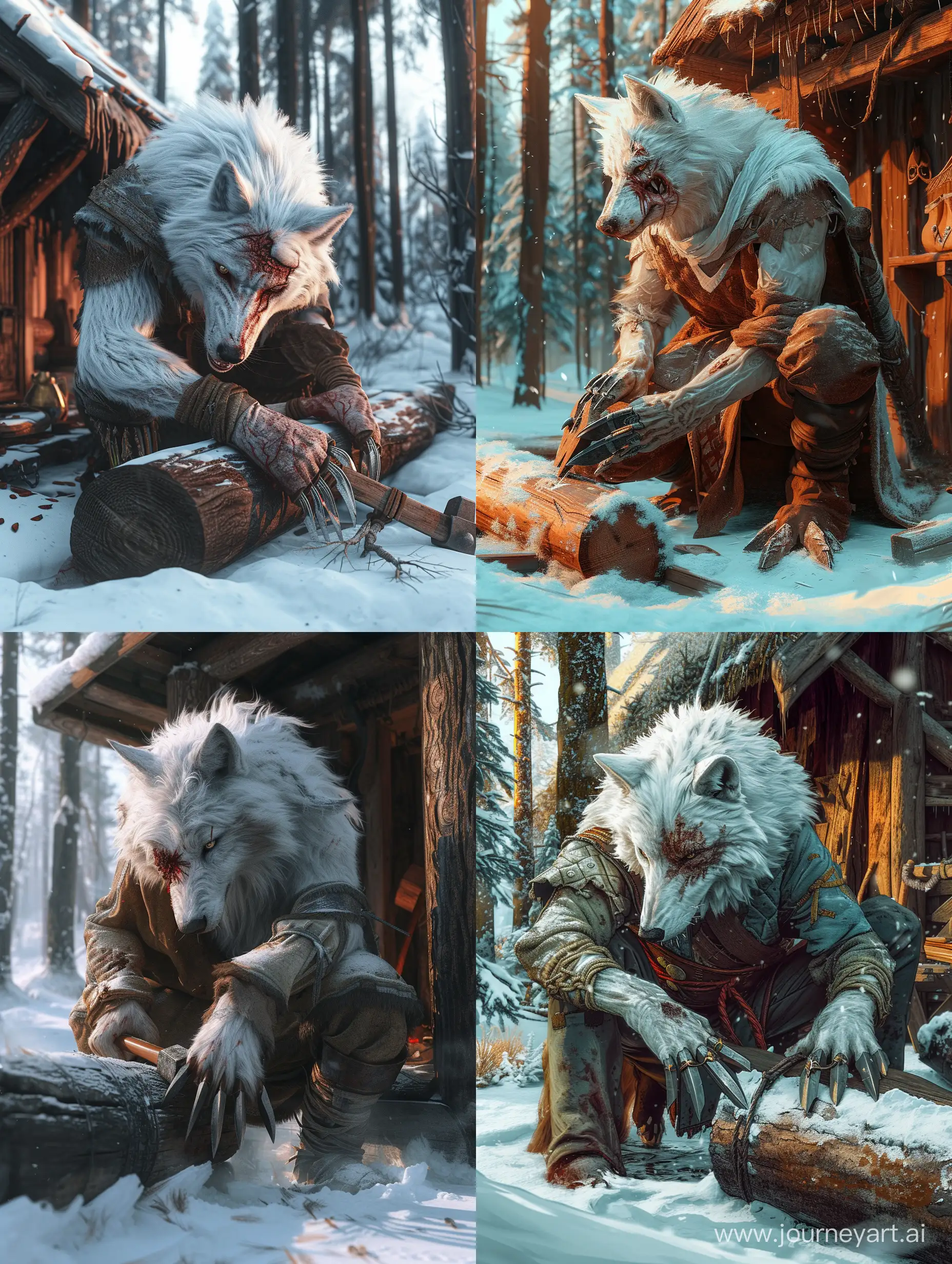 Majestic-White-Wolf-in-Snowy-Forest-Chopping-Wood-with-Detailed-Claws