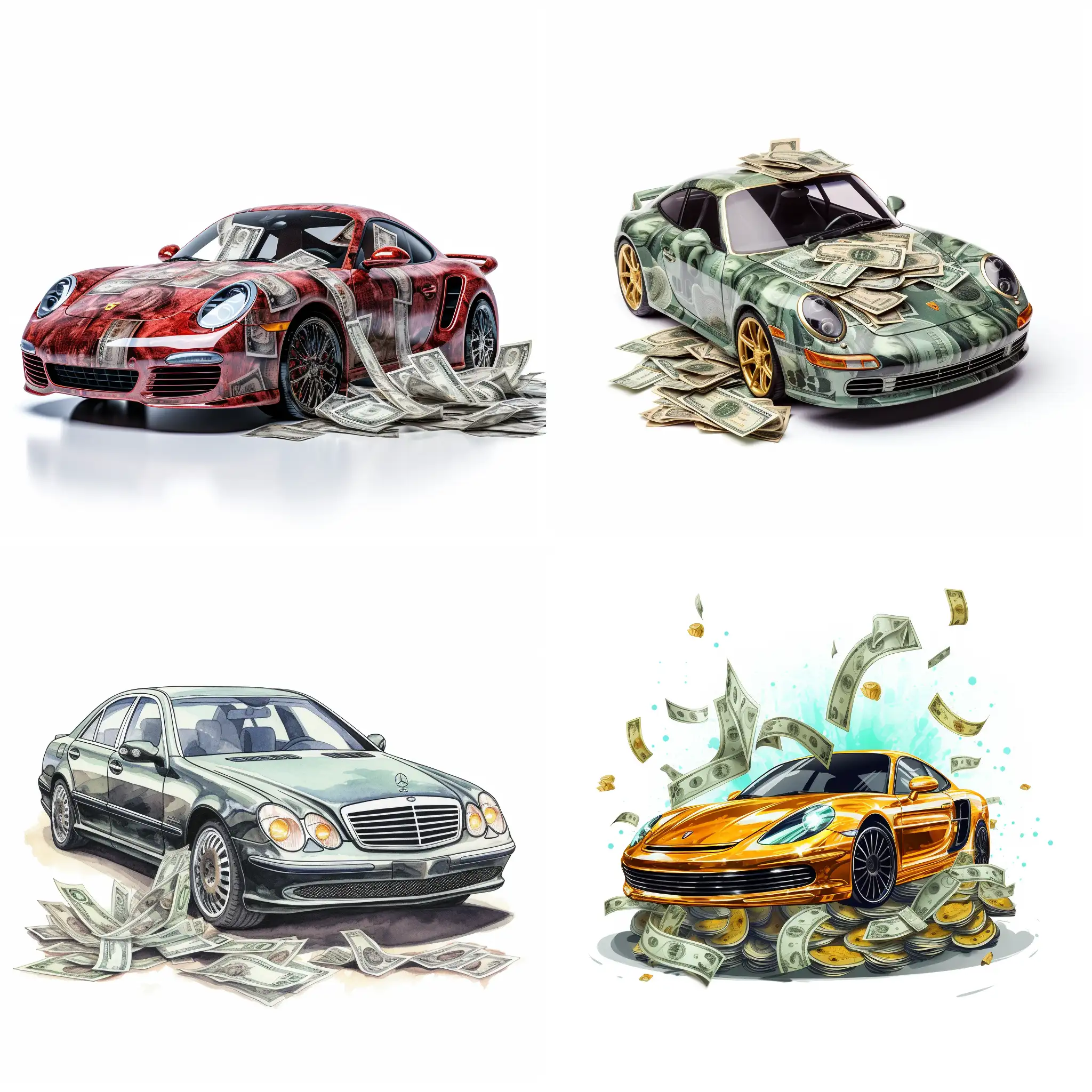 Luxury-Car-with-Cash-on-White-Background