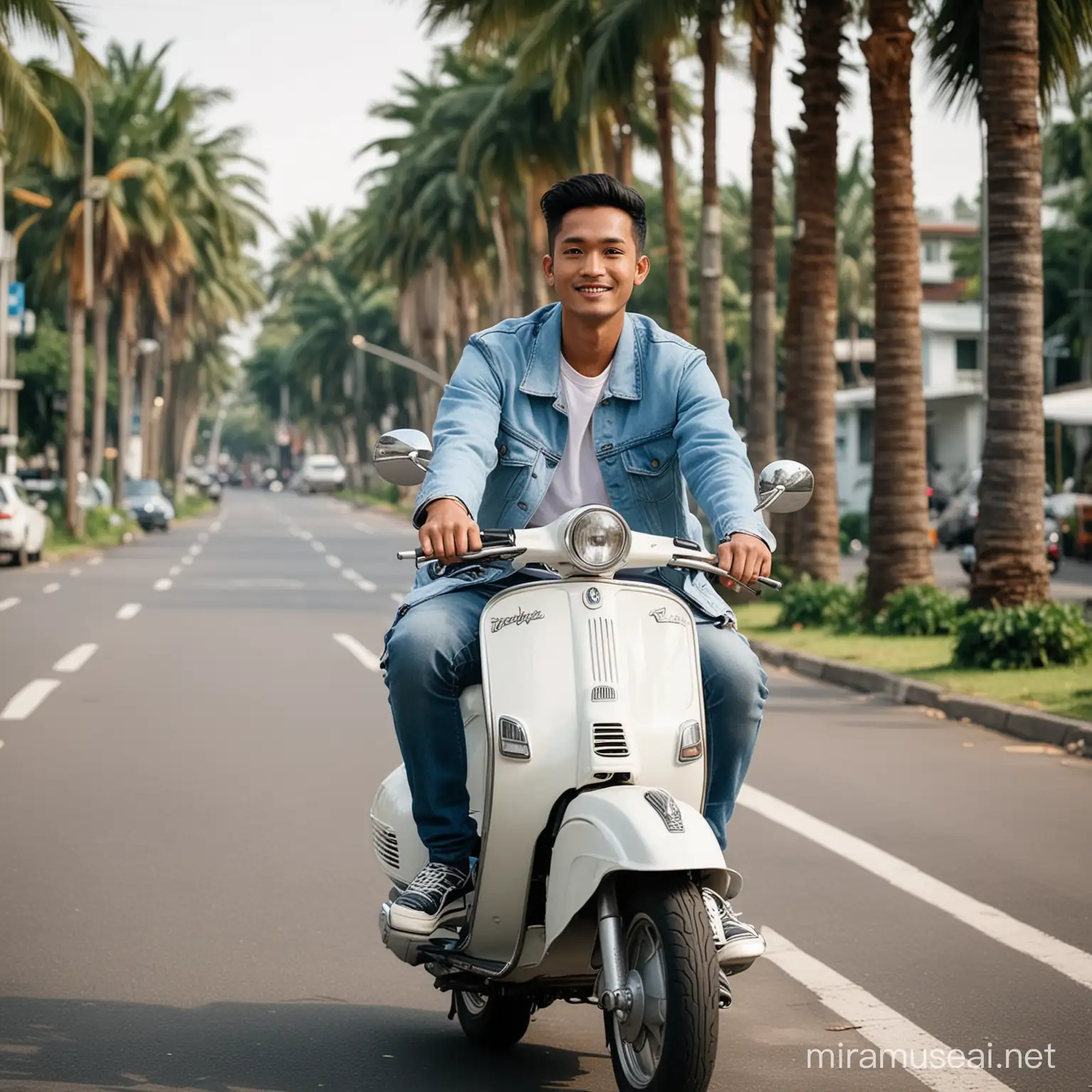 Foto pria indonesia umur 25 tahun,baju kaos putih dan jaket biru,celana jeans sedang mengendarai vespa clasik warna putih,posisi menghadap kamera,lokasi jalanan kota yang bersih ada pohon palm di pinngir jalan,pose setengah badan