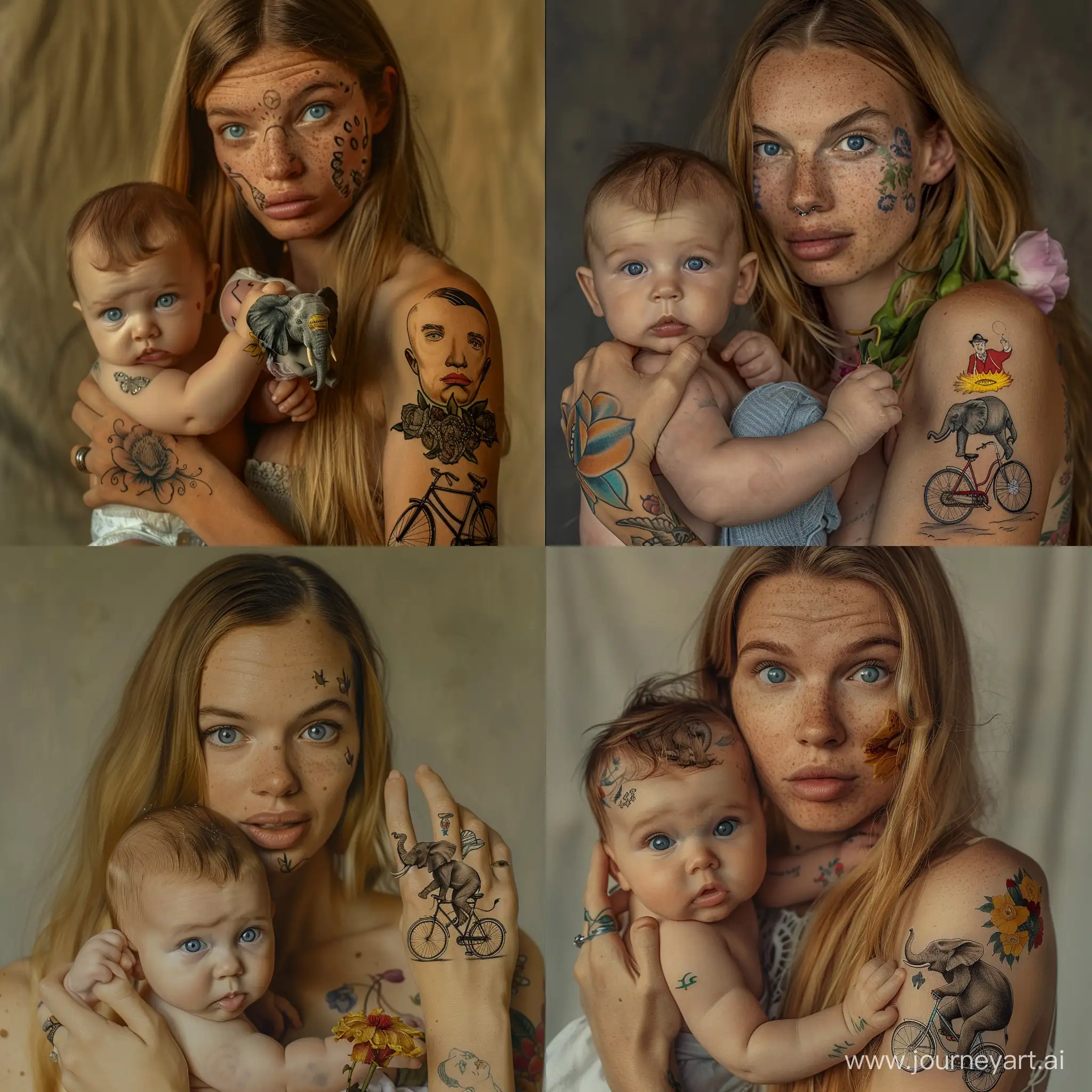 мать с младенцем на руках, младенцу 2 месяца, у двоих голубые глаза, у матери длинные светлые волосы, пухлое лицо, на правой руке две татуеровки, слон в цветах и сальвадор дали на велосипеде