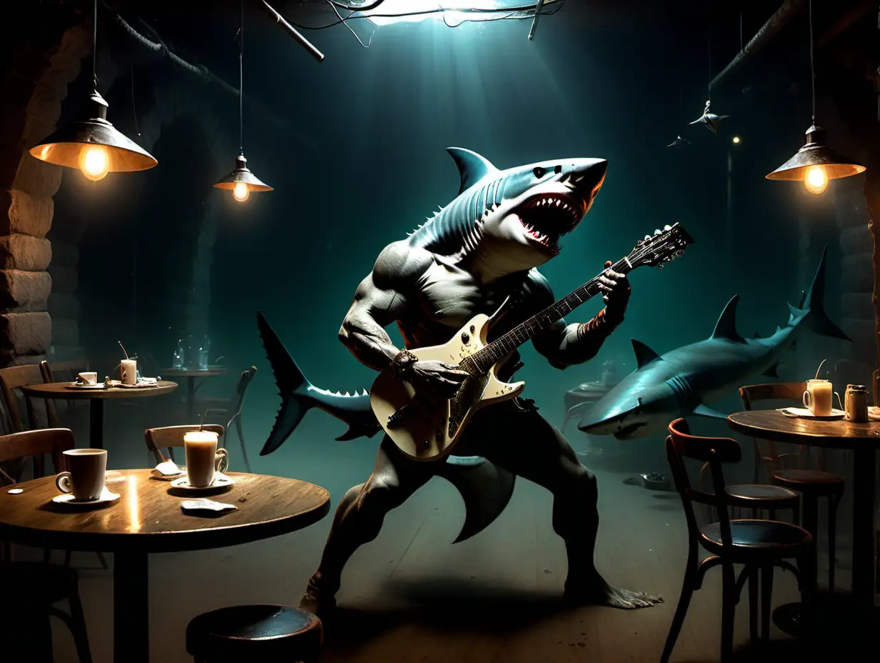 shark playing guitar  in a dark cafe Frank Frazetta style