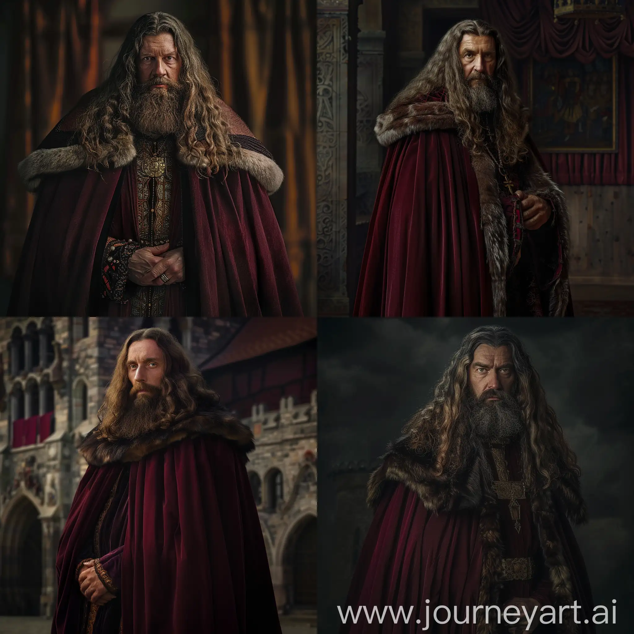 Polish king Casimir III The Great, depicted in dark red robe, noble cape with fur collar, long wavy hair, long beard, prominent face, standing tall at his palace, looking at the camera, cinematic lighting