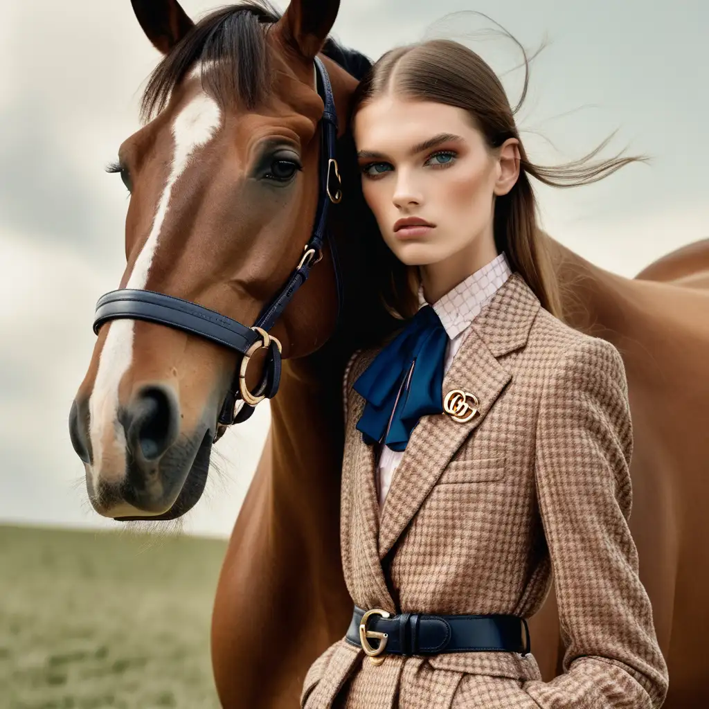 Young fashion model, gucci clothing, a brown horse, fashion magazine style , vogue style 