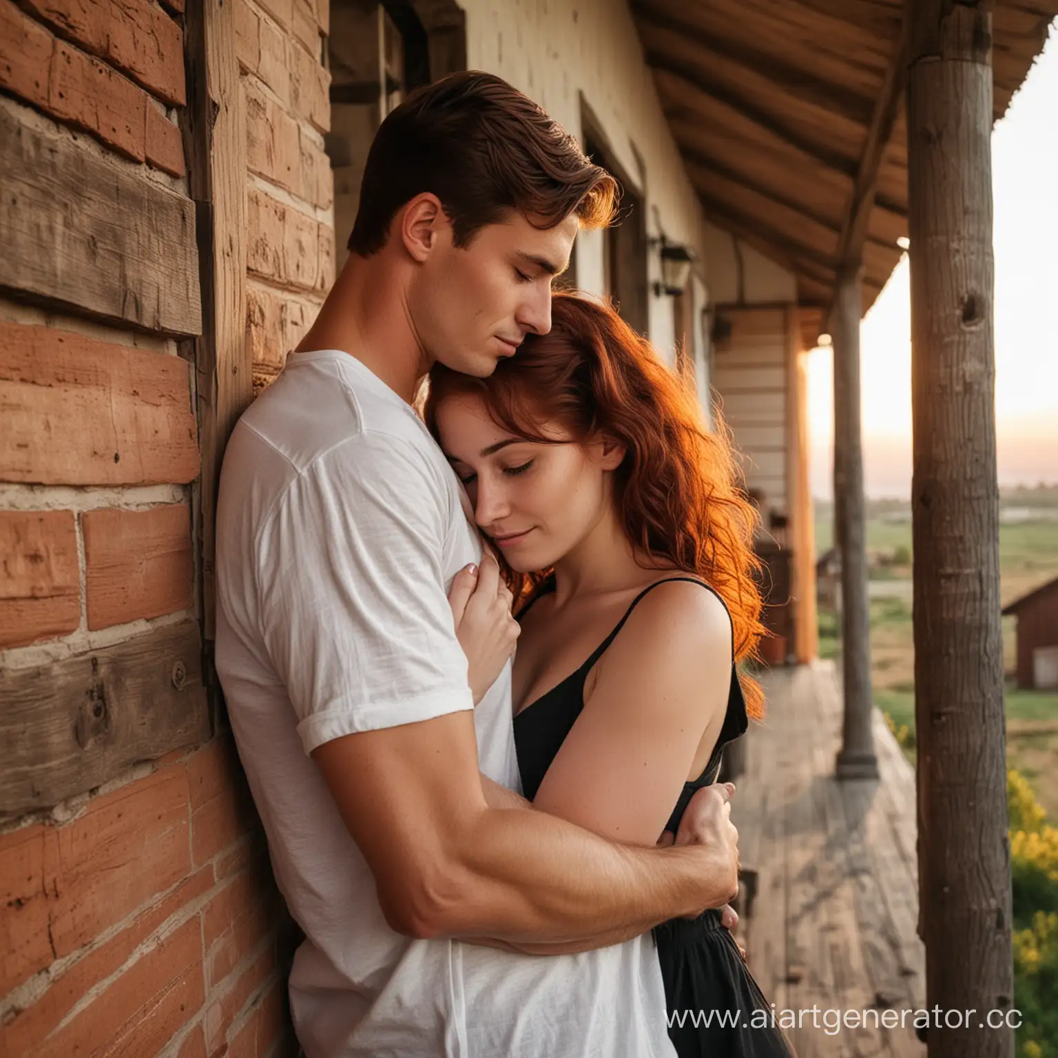 Young-Couple-Embracing-on-Rural-House-Porch-at-Sunset