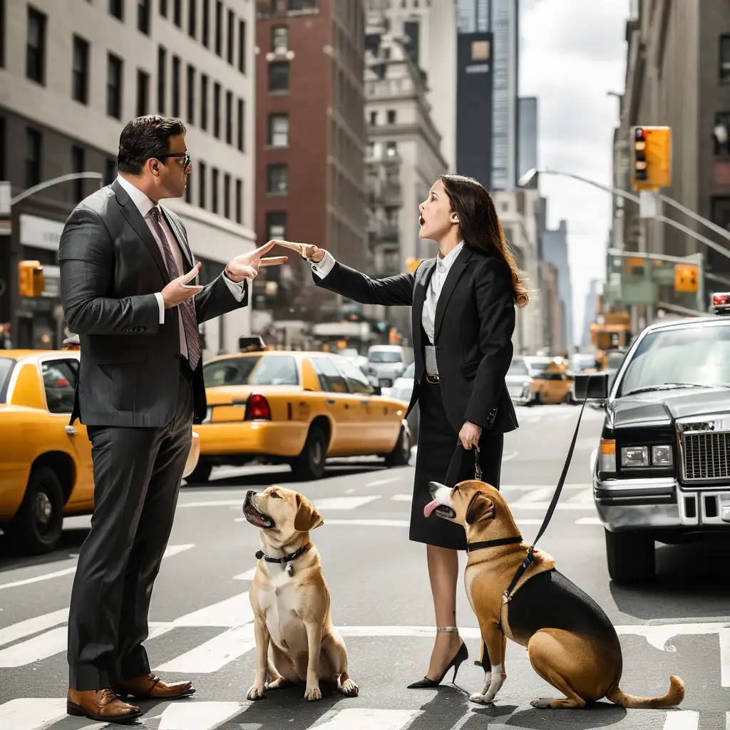 a woman with a dog is on the street arguing with a man in a suit. they are in new york city.
