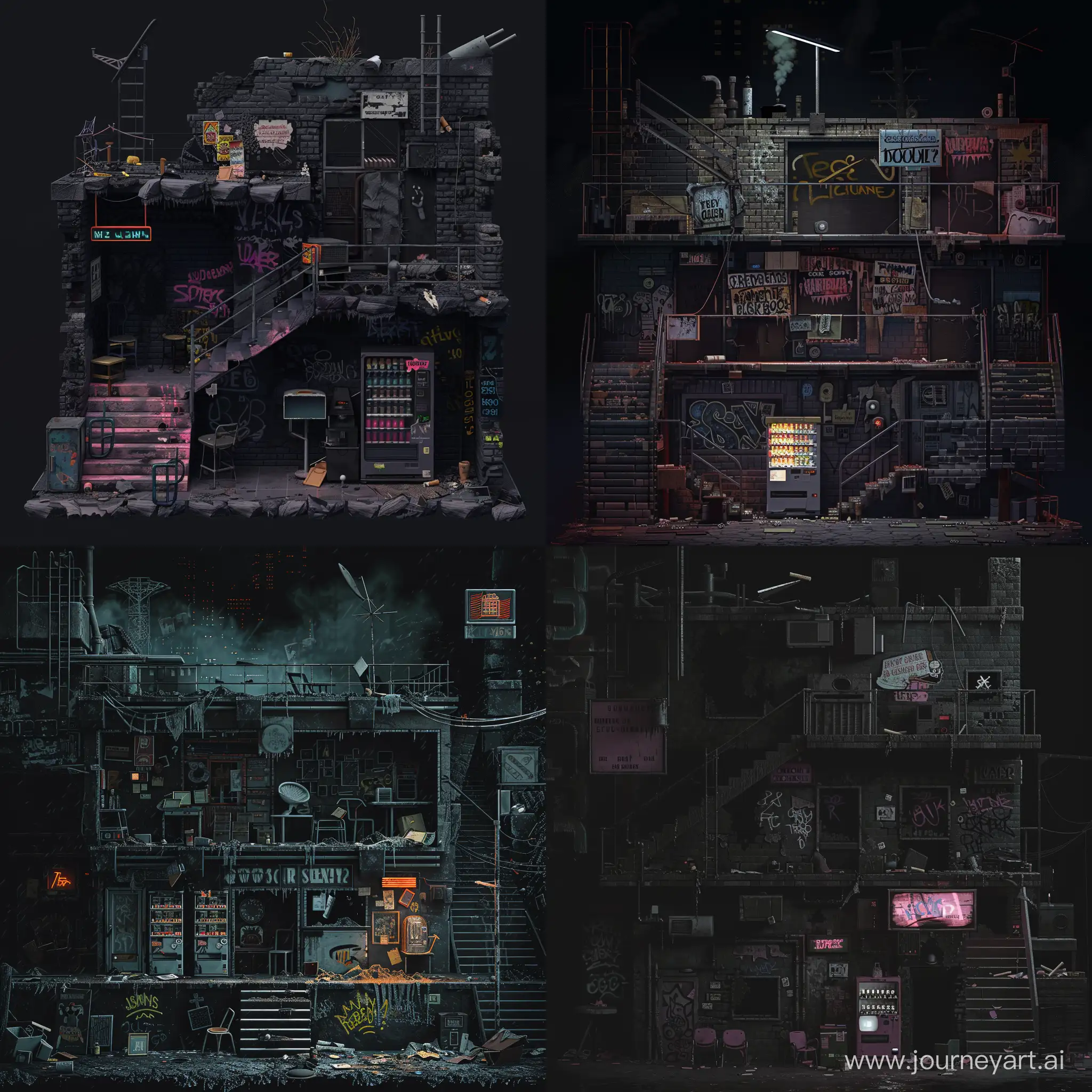 1980s spooky smoky game  render map , dark , cinematic , game , scene , tile game , stage's , city level's dark , map , sign's , game , room's , noise , old , game map , antenna , broken , level's , abandoned room's , graffiti , cigarettes , underground black level's , city , level's , old , stair's , dark, black , vending machine , chair's , window's , town , trash , neon , tilemap