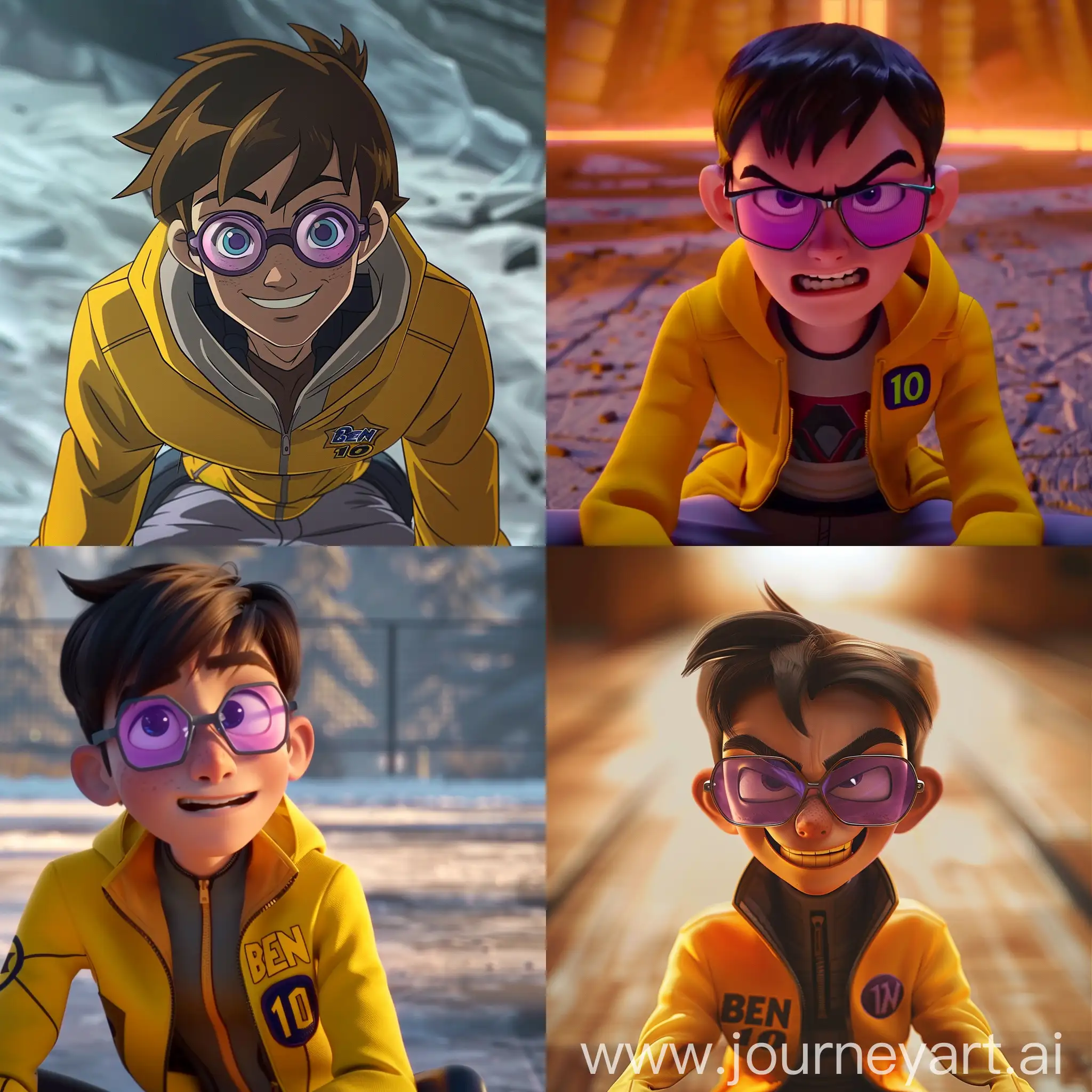 animated character in the style of Man of Action, wearing glasses with one lens of color purple and other lens of color grey, straight angle close shot with him smirking and "ben 10" is embroidered on his yellow jacket, still from the film. he's sitting on the empty hollow space with blur aesthetic background --v 6  --c 30