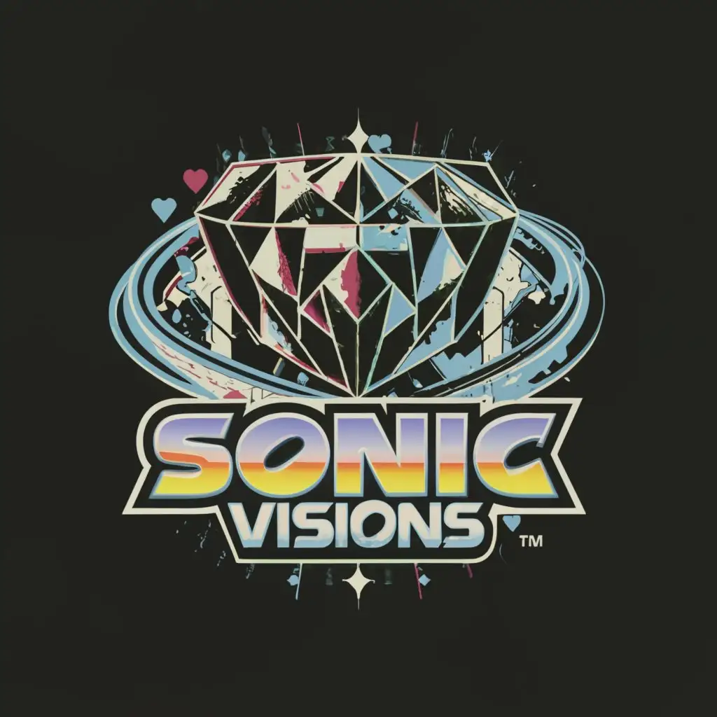 a logo design,with the text 'Sonic Visions', main symbol:Sonic the Hedgehog logo like diamond and heart within a swirling black hole,complex,be used in Entertainment industry,clear background