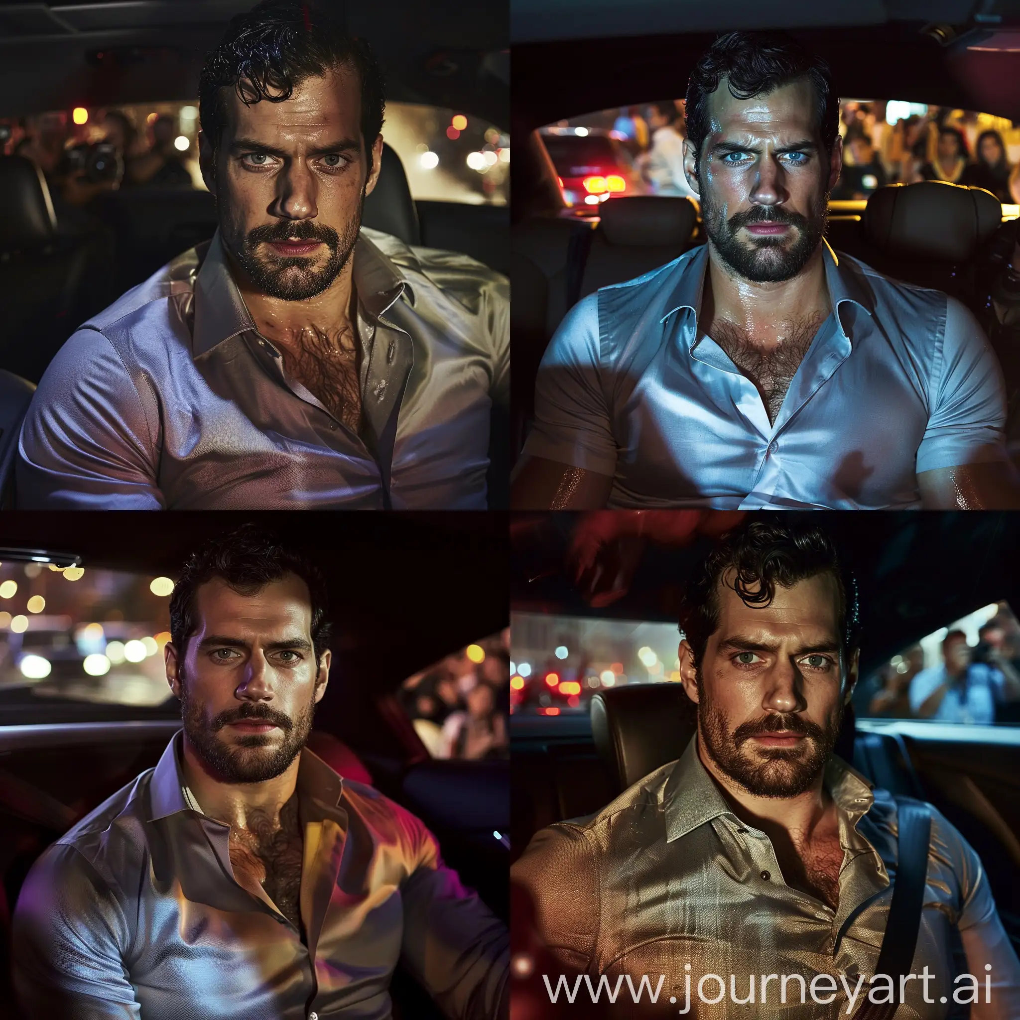 Movie lighting, actor Henry Cavill handsome face, a good looking burly muscular man in the backseat of the car, wearing a dress shirt, fit male torso, hairy chest, bearded handsome Henry Cavill inside a car, dim lighting, sweaty and glistening skin, blurred background paparazzi outside the car