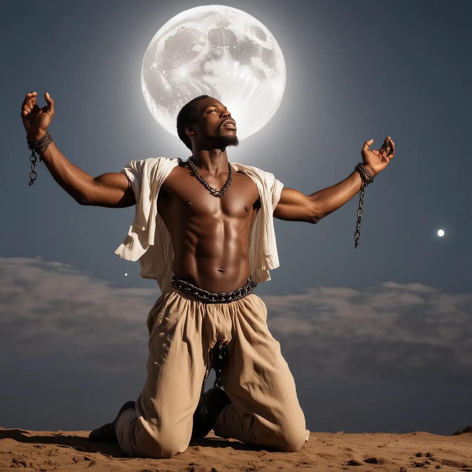 Create a image of Black male slave in the 1800s half dressed on his knees, looking  up with arms spread to sky with broken chains around his hands giving  praise with moon shining light from sky on his body down on Juneteenth night, celebrating his freedom and acknowledgment of his ancestors.