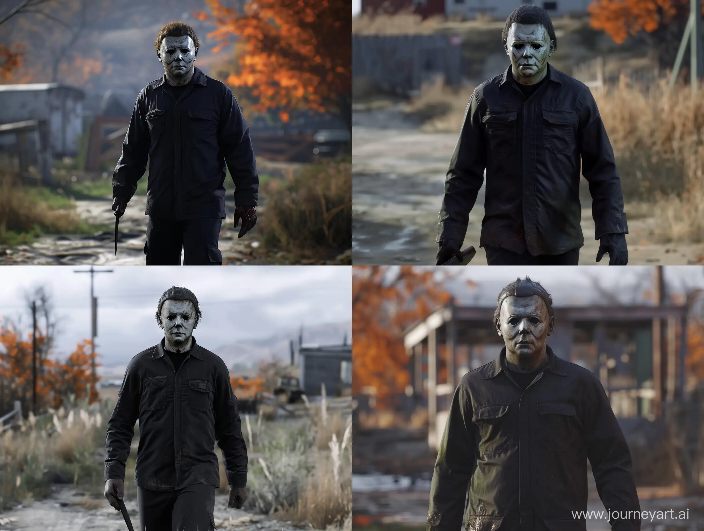The video game " Halloween" is set in Haddonfield, Ill, and a full view third-person perspective. Specifically designed for the PS5, this version follows the main character on an expansive open-world adventure powered by the Unreal Engine 5. The game is set in a daytime setting in an open environment landscape. The main character Michael myers is seen walking through a open area, holding a knife, detailed, gore, horror,
