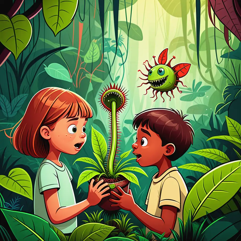 /imagine, kids illustration, a child and the child is looking at a big venus fly trap in a jungle, CARTOON style, thick lines, low detail, vivid color–ar 9:11