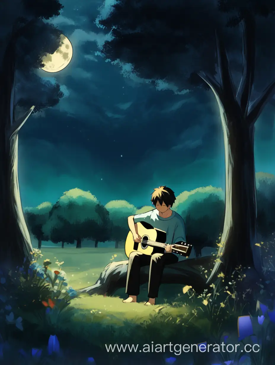 молодой человек играет под луной на гитаре, вспоминая свою возлюбленную, сидит у дуба, летней ночью, таинственная мелодия окутала луг аниме, таинственная атмосфера окутывала молодого парня
