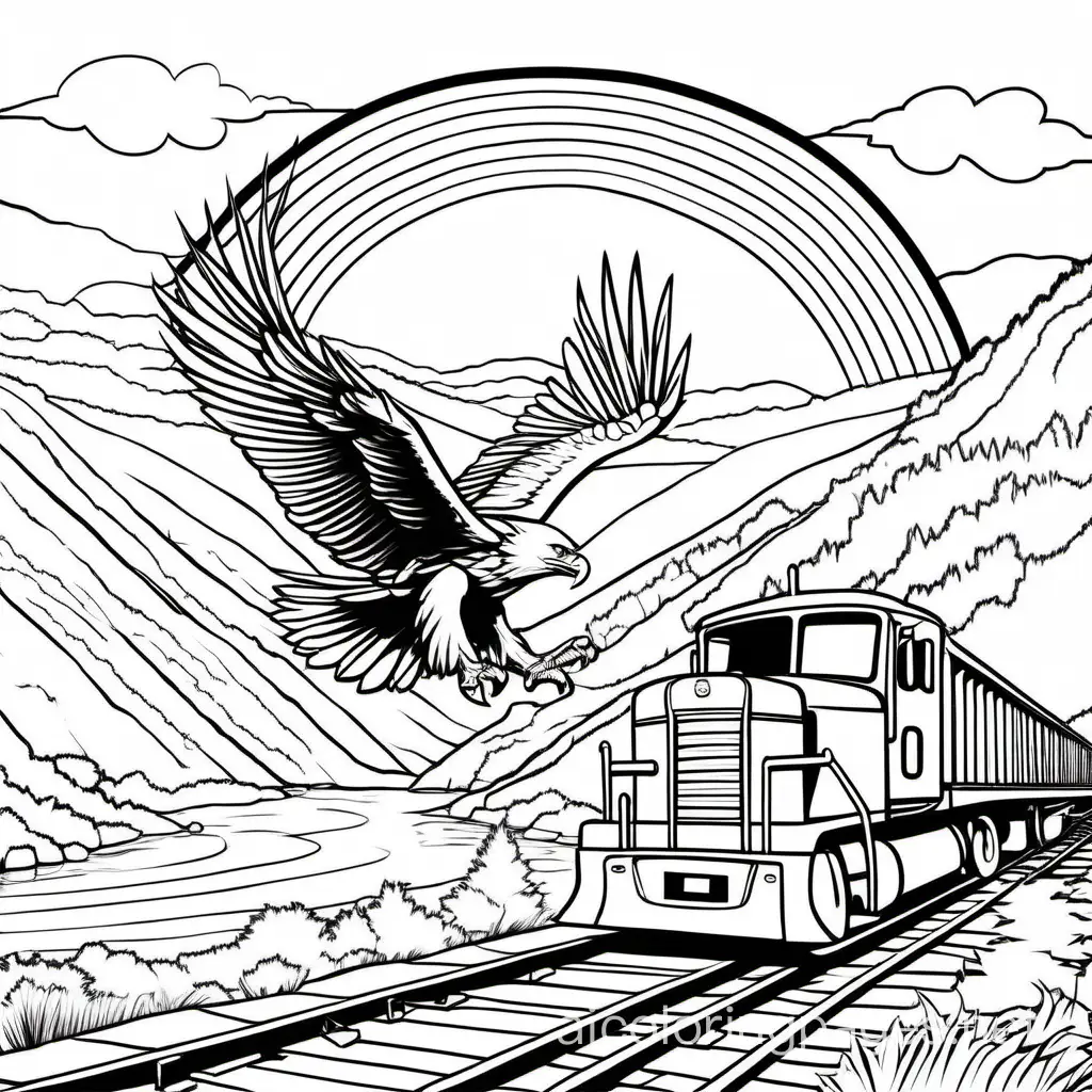 an eagle soaring in the sky over a valley that has a train and an old pickup truck next to a river and a rainbow in the sky, Coloring Page, black and white, line art, white background, Simplicity, Ample White Space. The background of the coloring page is plain white to make it easy for young children to color within the lines. The outlines of all the subjects are easy to distinguish, making it simple for kids to color without too much difficulty