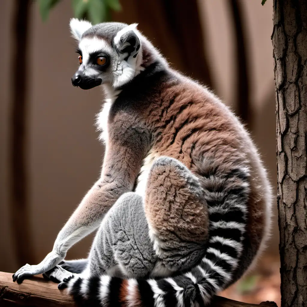 A ring tailed lemur sitting with its back against a tree, with its tail curled around the front of it. 