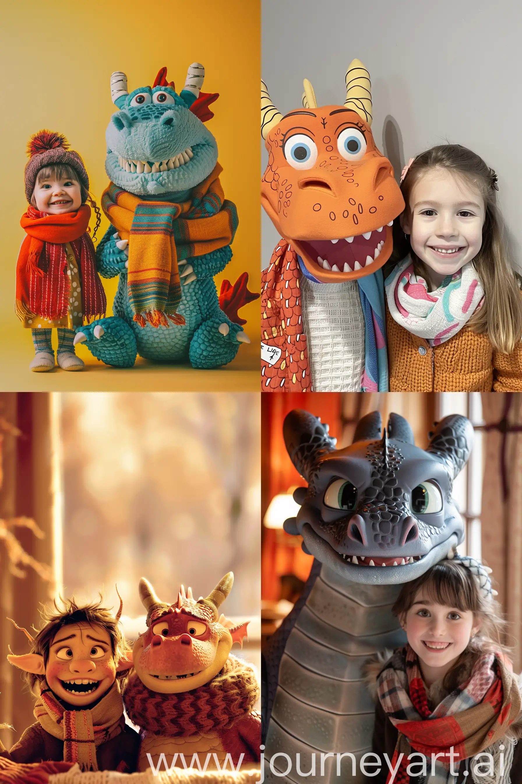 /imagine prompt: color photo of a cartoon dragon and a cute little girl, both smiling brightly, wearing scarves —c 10 —ar 2:3